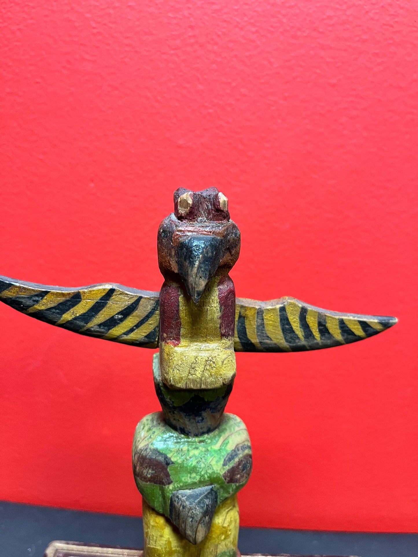 Fabulous antique 7 1/2 x 6 wide indigenous first nations pacific northwest coast polychrome totem  super old and rare  signed