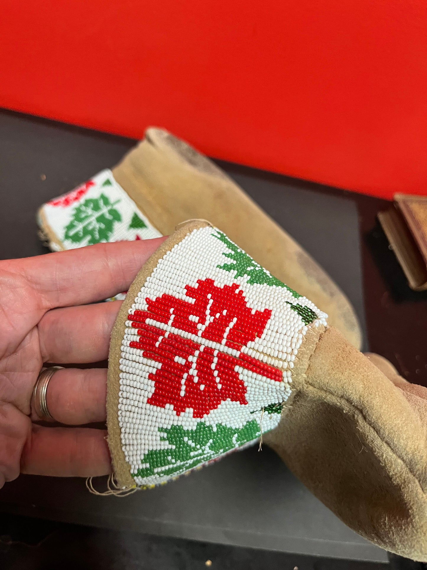 11 x 4 x 6 high fabulous antique indigenous, first Nations, Pacific Northwest coast, leather and heavily beaded moccasins some as is