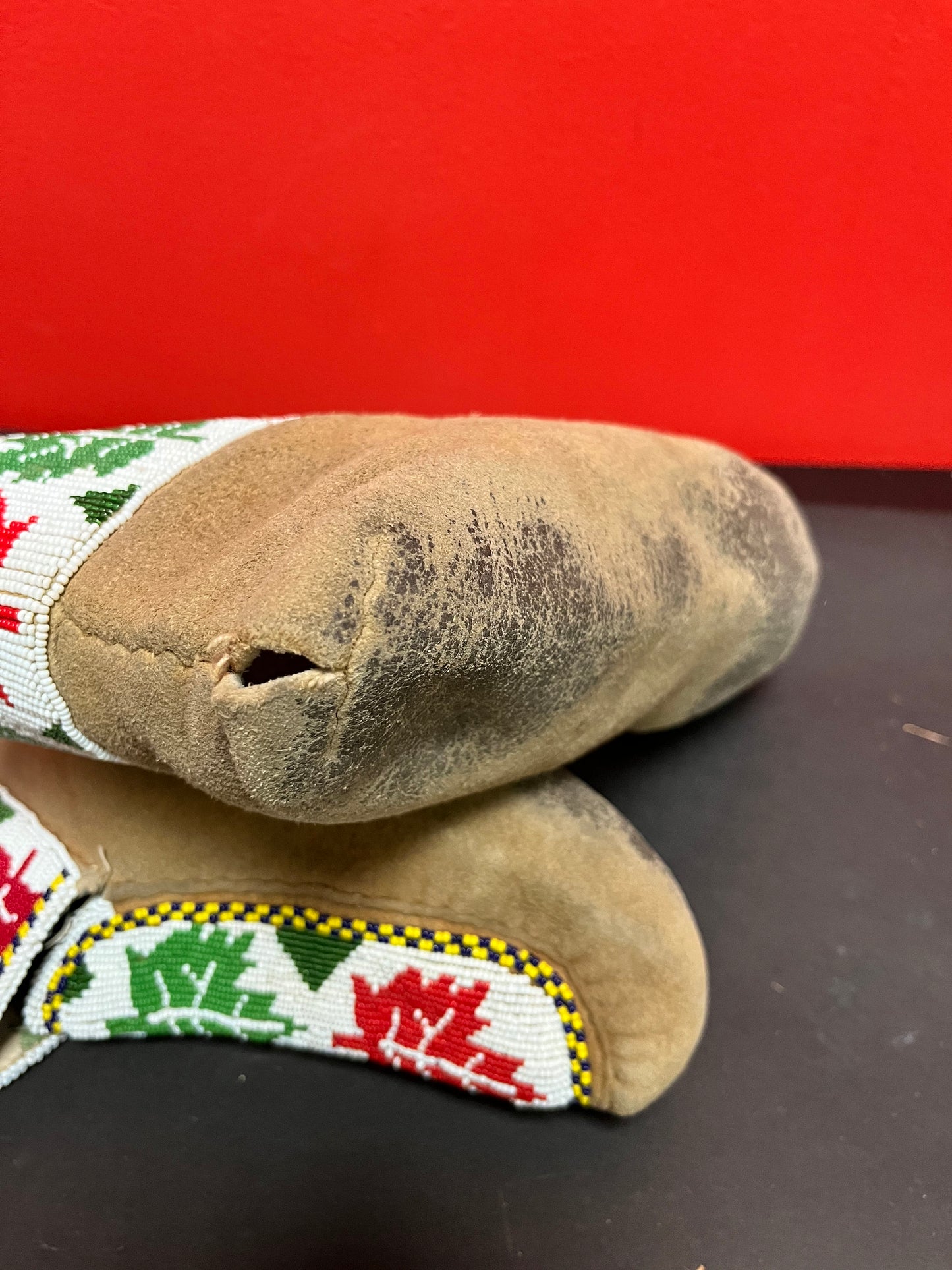 11 x 4 x 6 high fabulous antique indigenous, first Nations, Pacific Northwest coast, leather and heavily beaded moccasins some as is