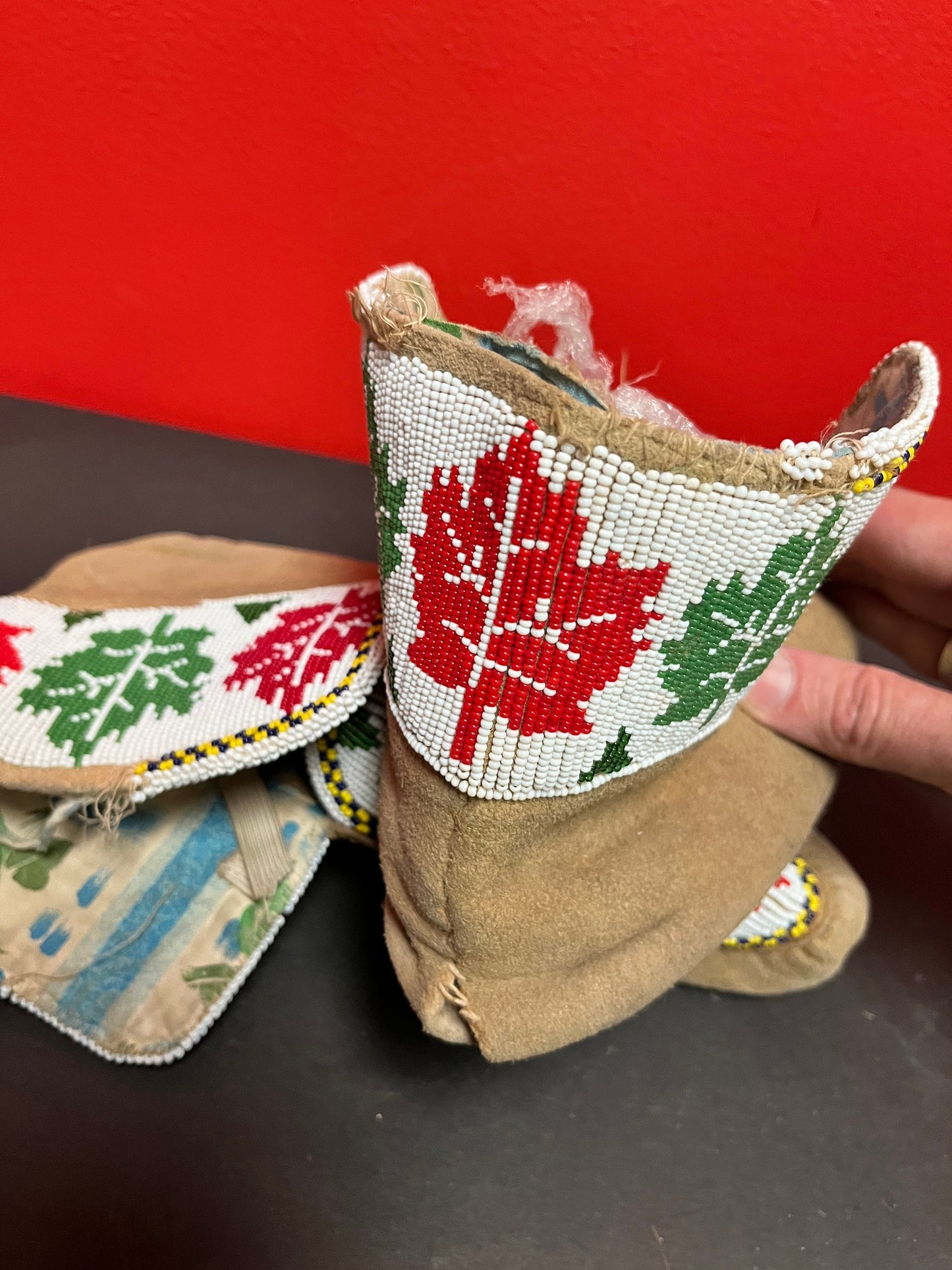 11 x 4 x 6 high fabulous antique indigenous, first Nations, Pacific Northwest coast, leather and heavily beaded moccasins some as is