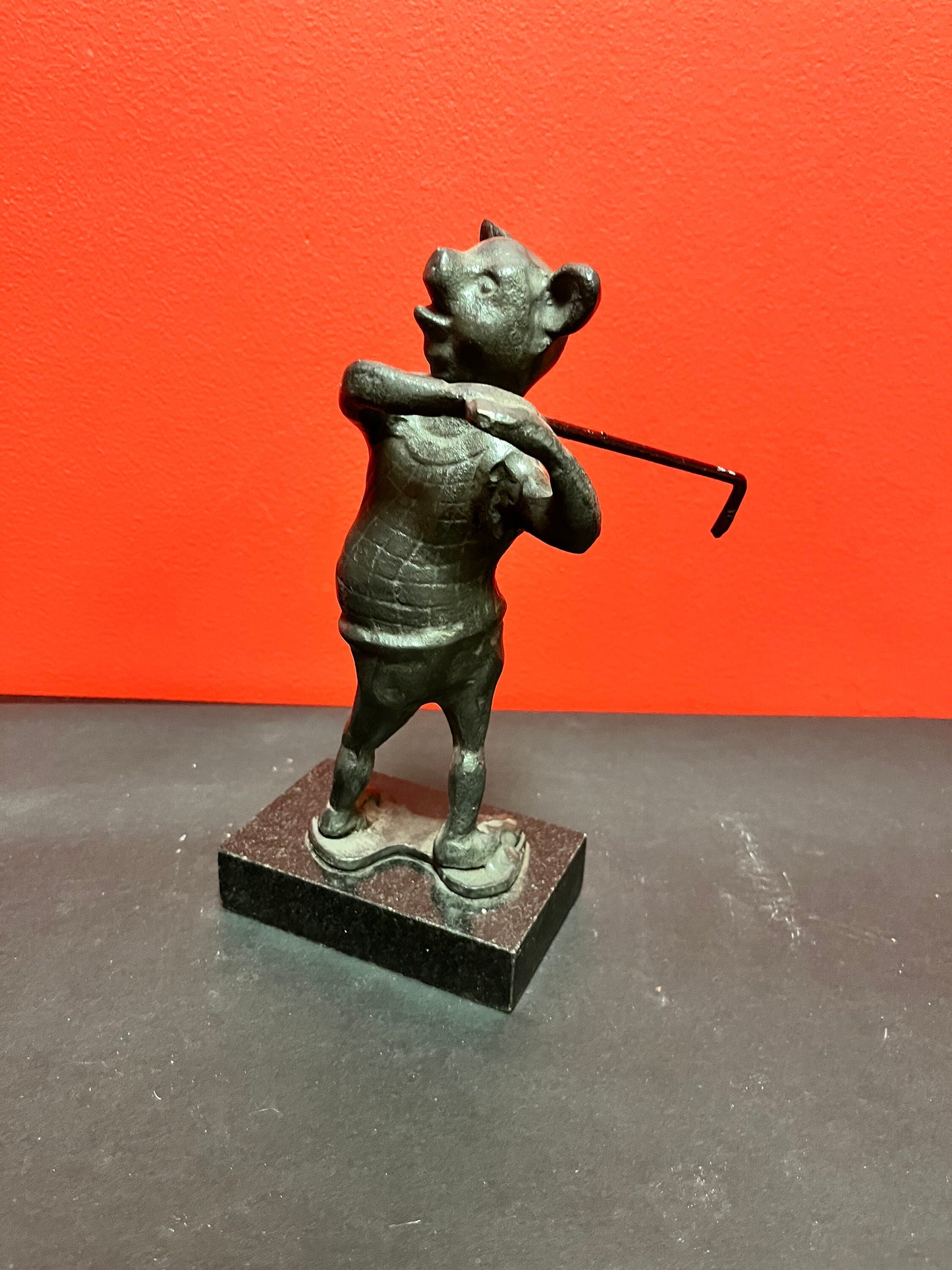 9 x 4 stunning antique bronze golfing pig on marble stand   wonderful patina in great condition really wow wow