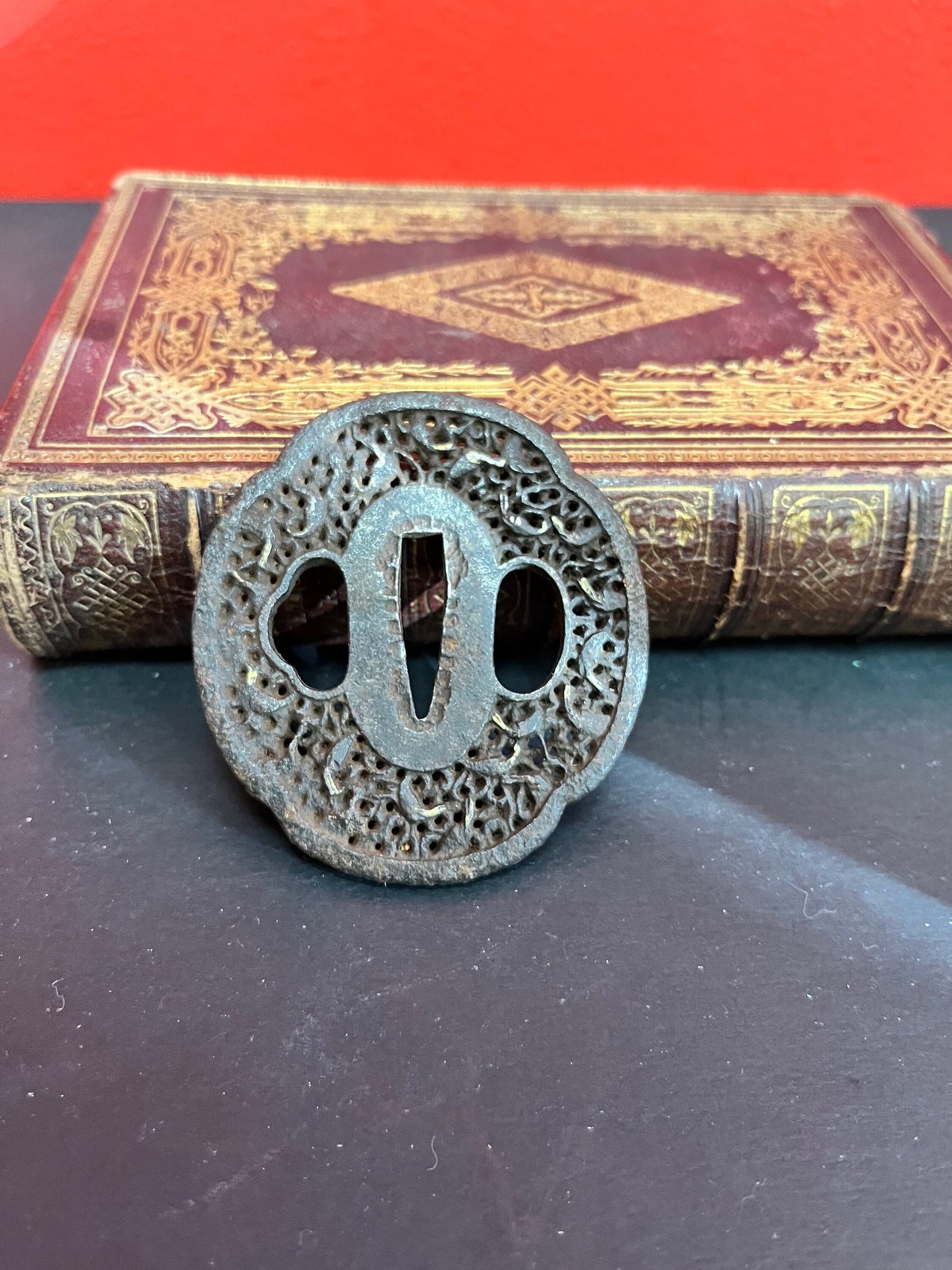 Tsuba  stunning 2.5 inch Japanese ancient well detailed iron Katana tsuba  really fabulous