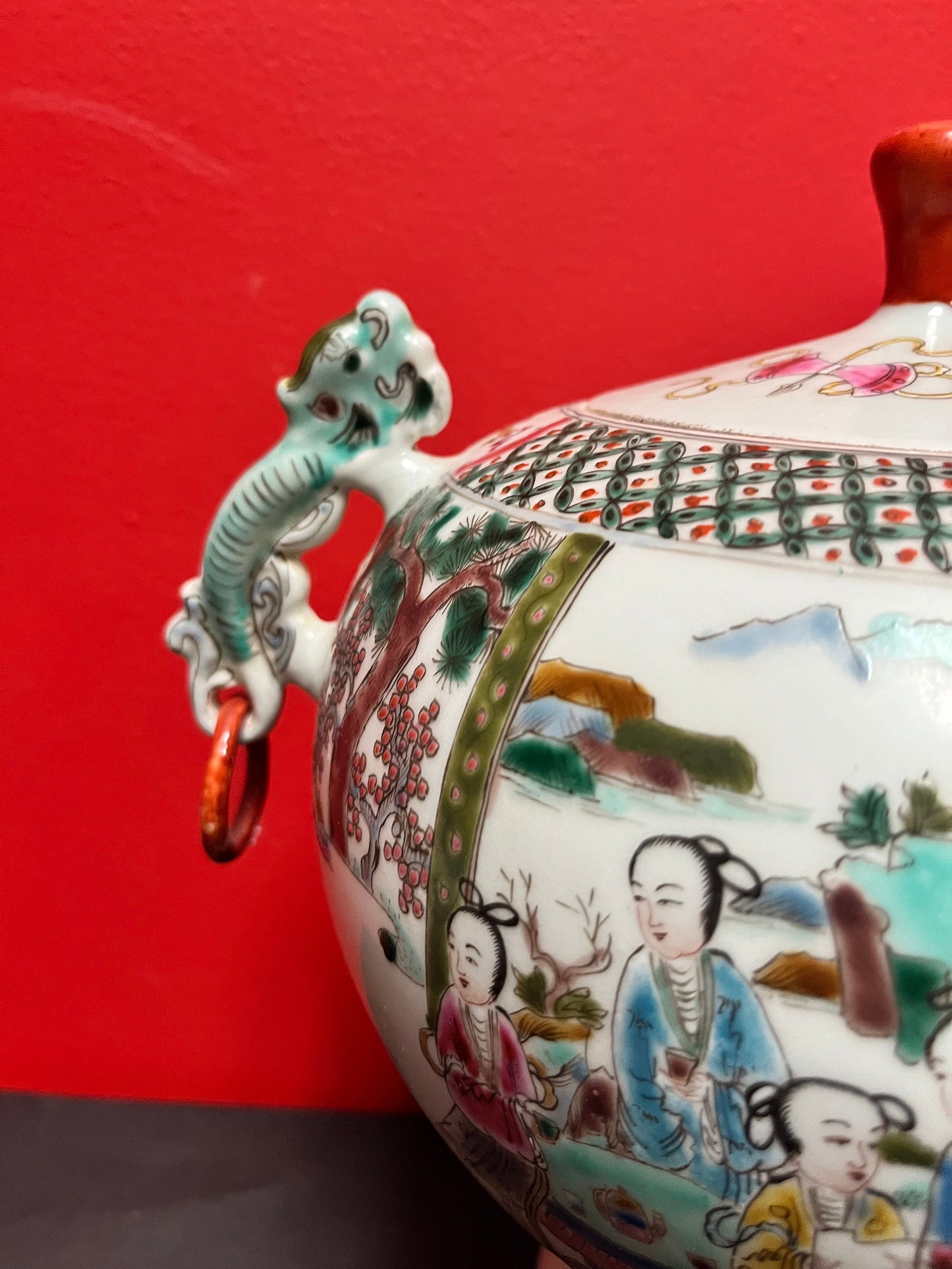 Gorgeous 15 by 12 inch Chinese older hand decorated covered vessel  magnificent shape and size  wow