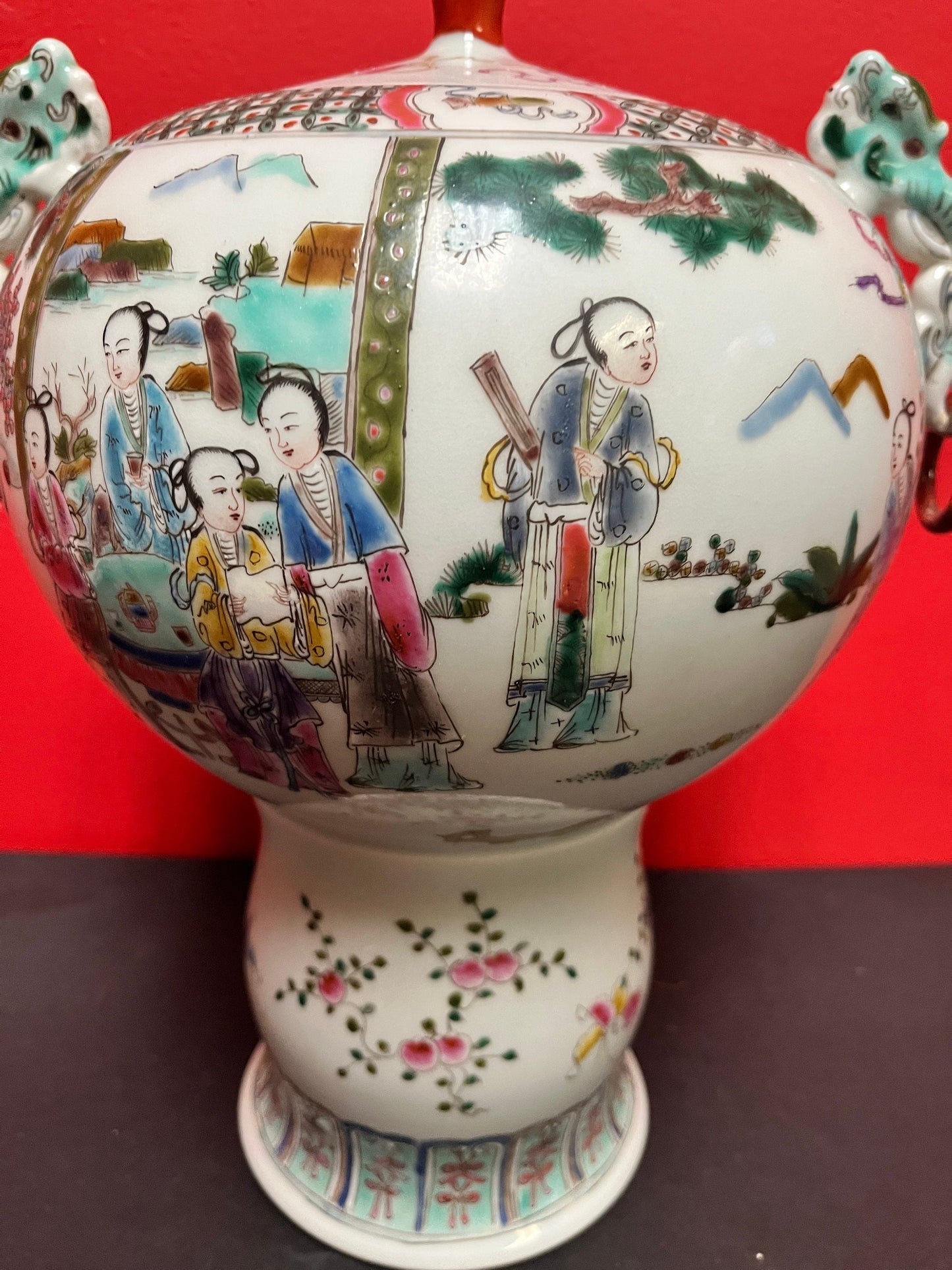 Gorgeous 15 by 12 inch Chinese older hand decorated covered vessel  magnificent shape and size  wow