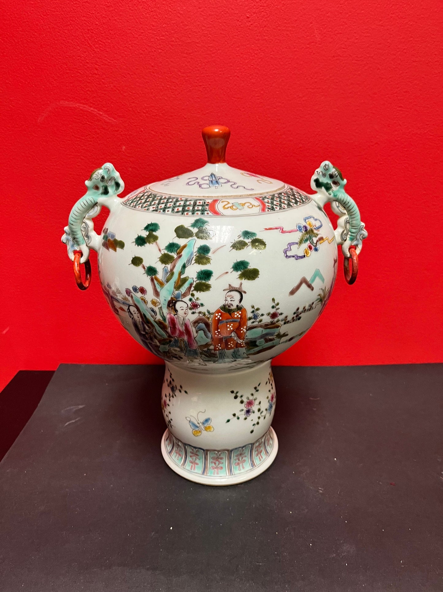 Gorgeous 15 by 12 inch Chinese older hand decorated covered vessel  magnificent shape and size  wow