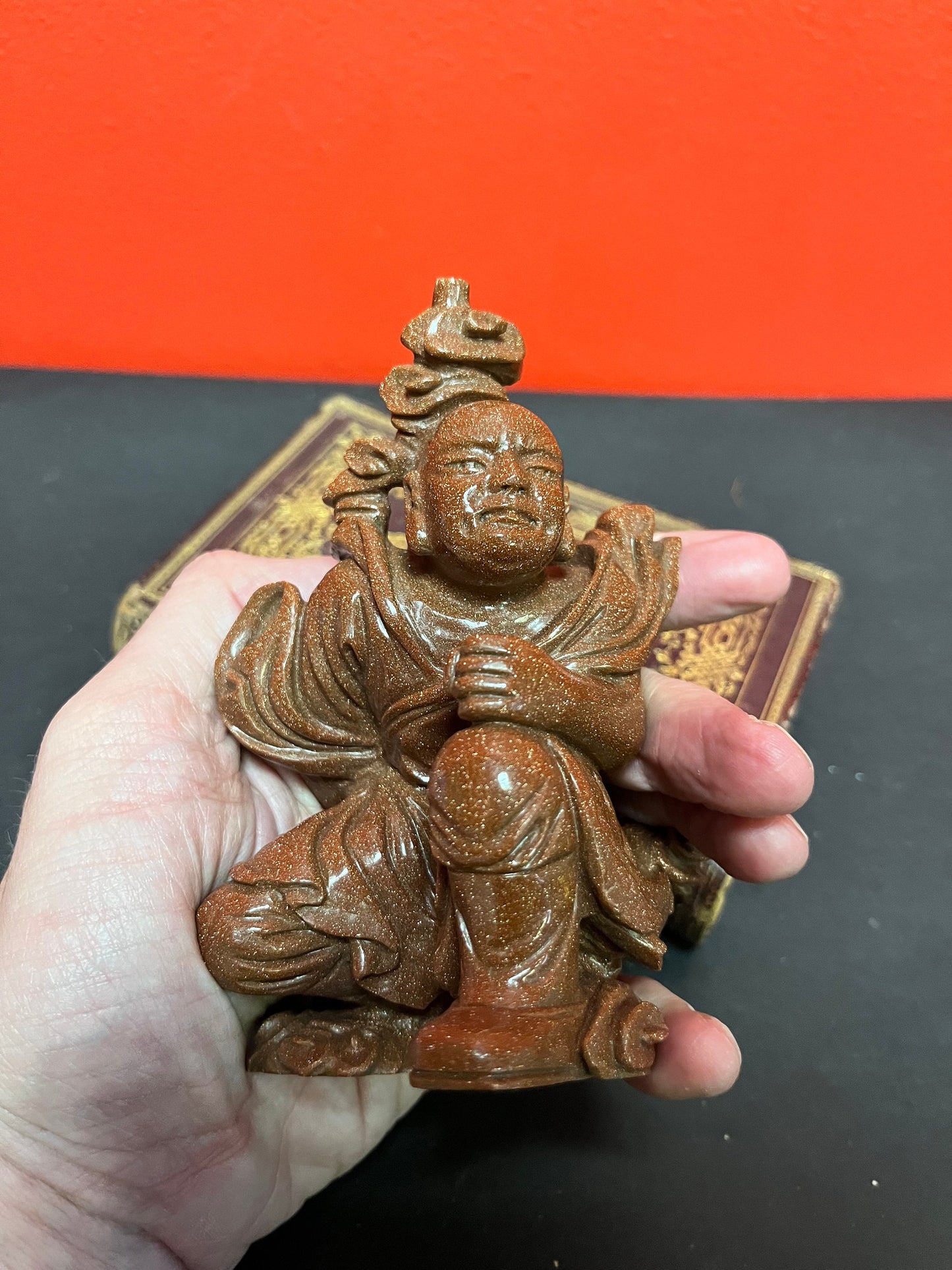 A  Stunning 5 inch high Chinese, carved Italian moonstone statue of a fighting warrior with great detail  rare and wonderful colour