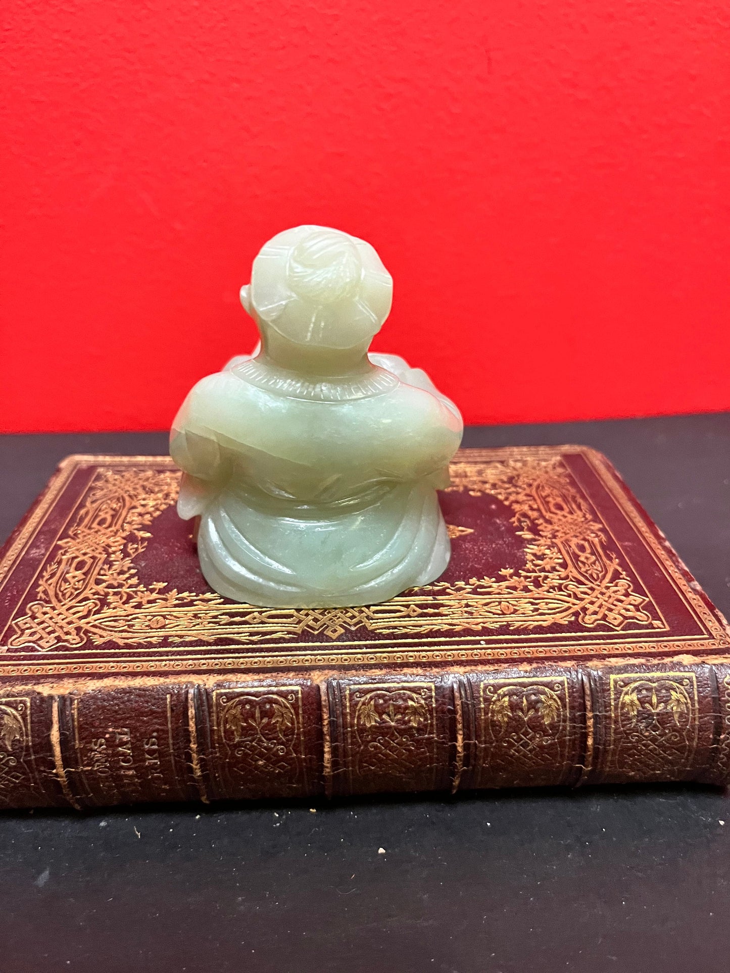 Fabulous 3 1/2 inch high antique Chinese solid heavy jade statue of a seated warrior  great detail  value priced