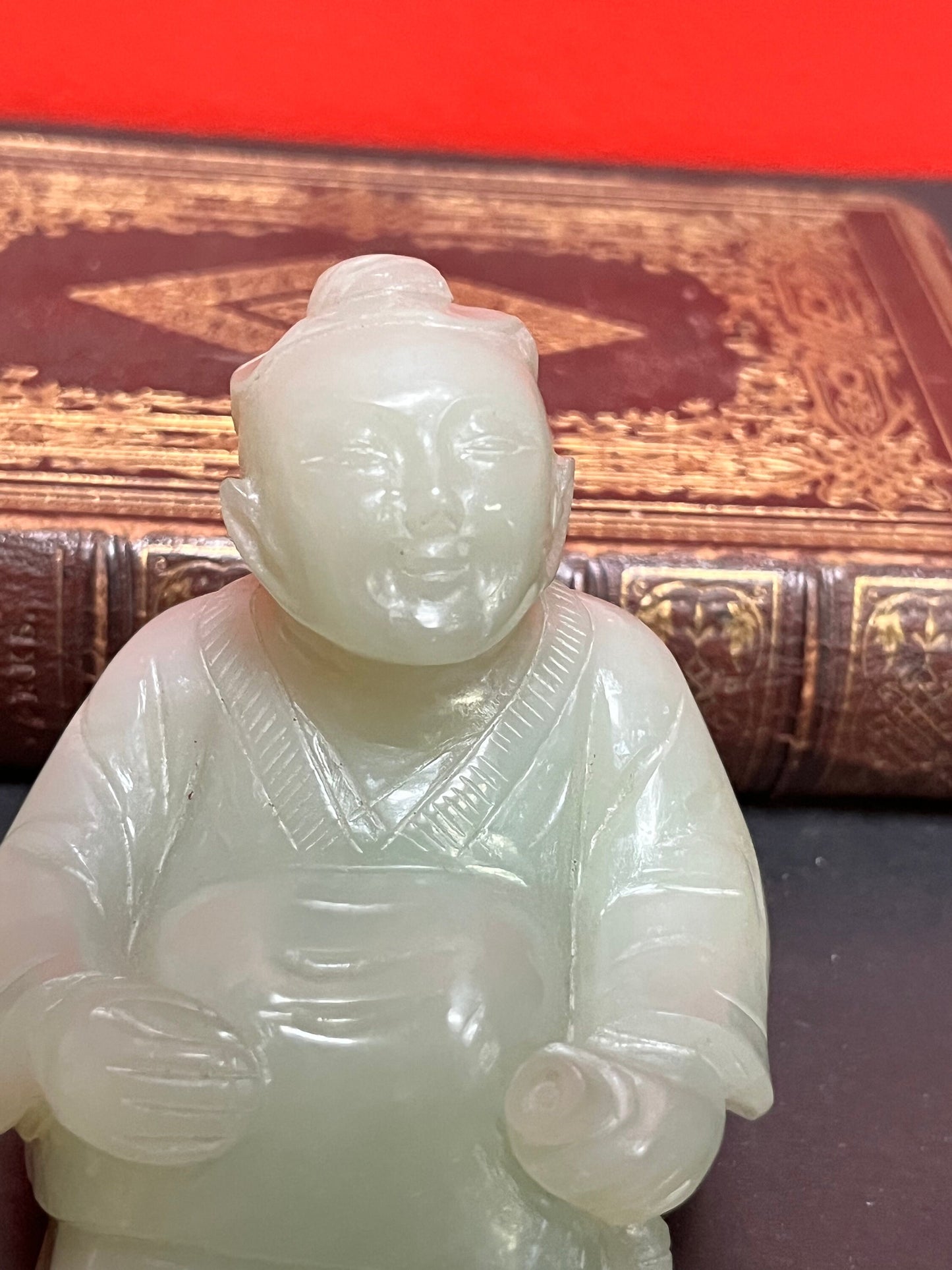 Fabulous 3 1/2 inch high antique Chinese solid heavy jade statue of a seated warrior  great detail  value priced