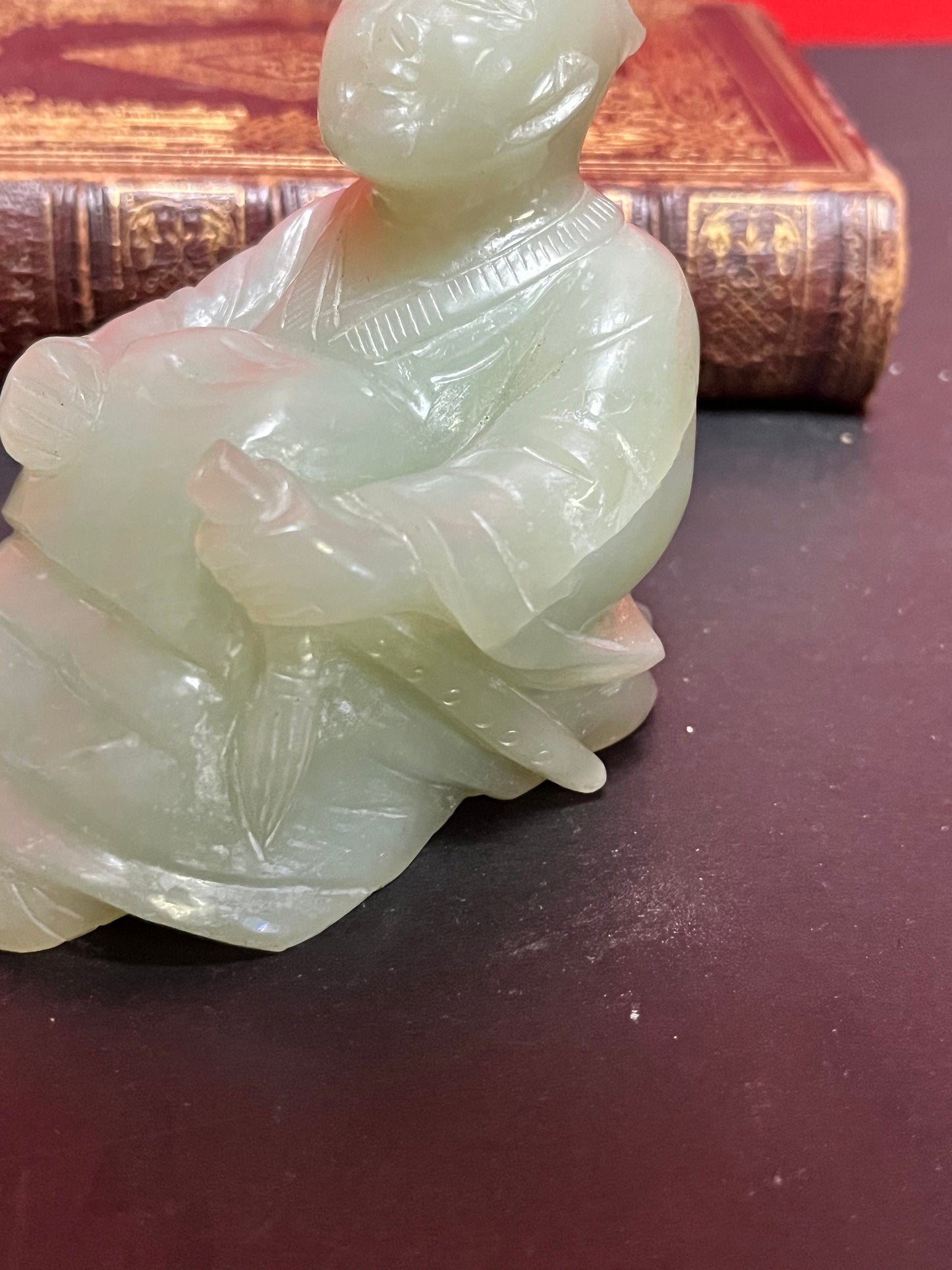 Fabulous 3 1/2 inch high antique Chinese solid heavy jade statue of a seated warrior  great detail  value priced