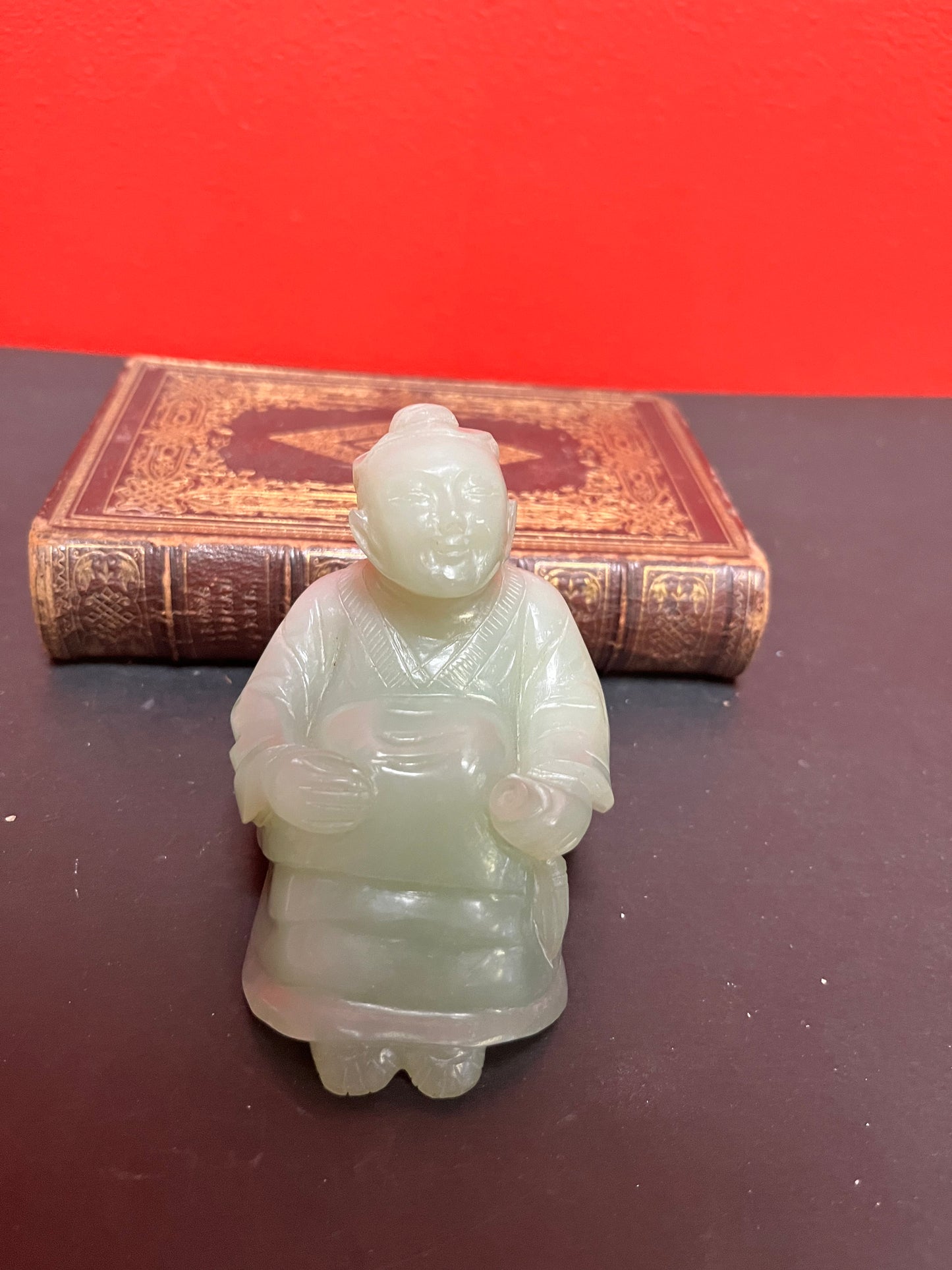 Fabulous 3 1/2 inch high antique Chinese solid heavy jade statue of a seated warrior  great detail  value priced