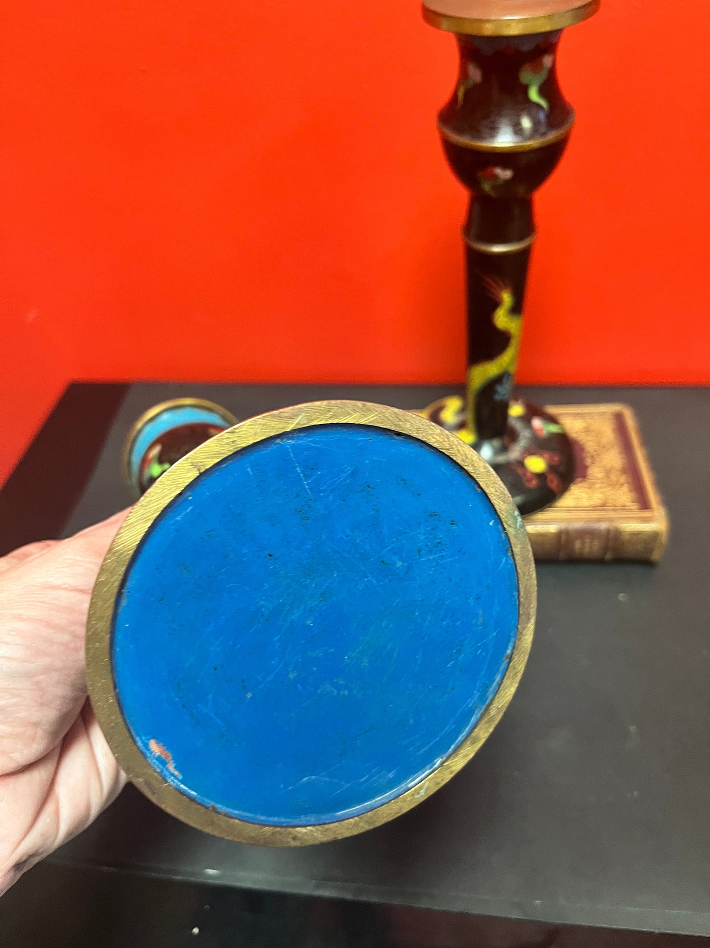 An  11 inch Japanese cloisonné candle sticks with dragons  one as is - low price