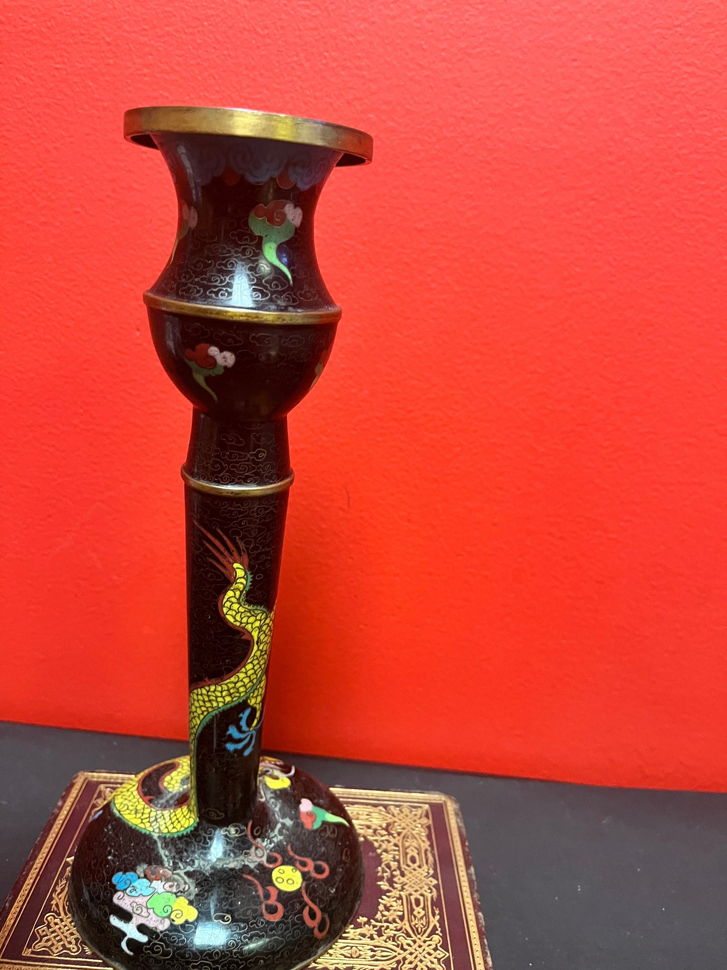 An  11 inch Japanese cloisonné candle sticks with dragons  one as is - low price