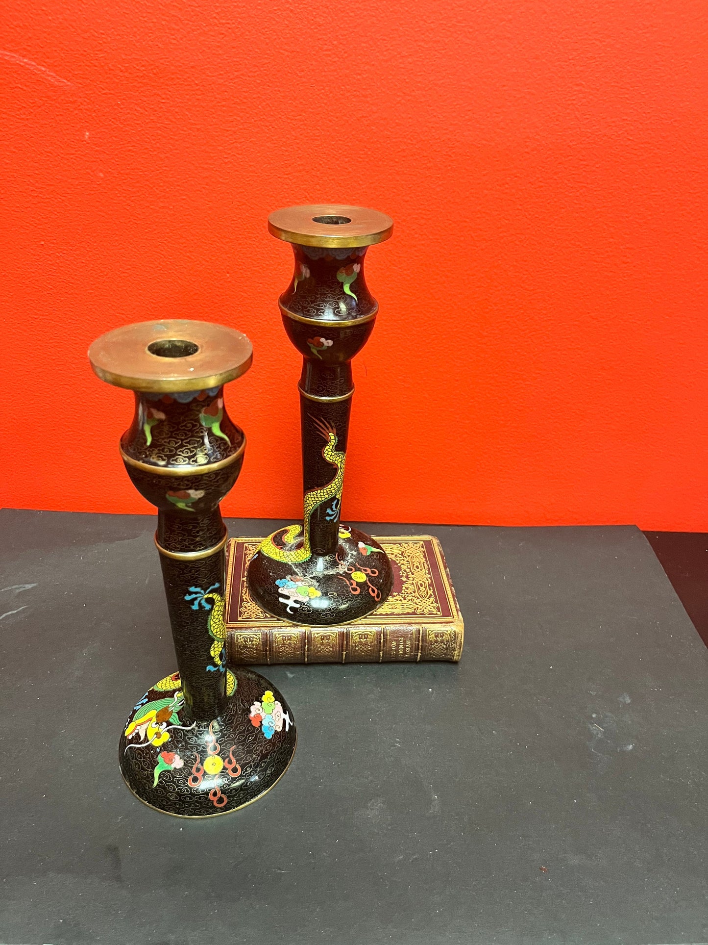 An  11 inch Japanese cloisonné candle sticks with dragons  one as is - low price