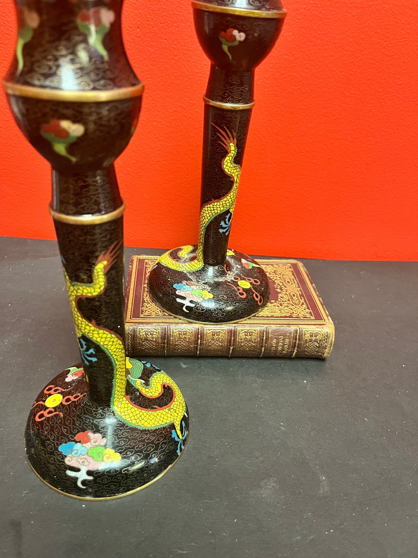 An  11 inch Japanese cloisonné candle sticks with dragons  one as is - low price