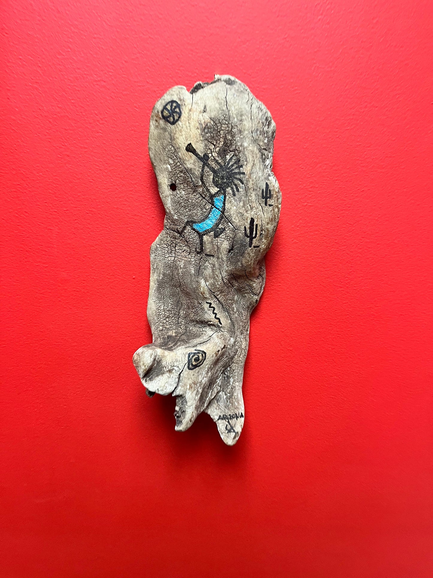 Unusual and rare signed Arizona Navajo, painted Driftwood sculpture wall hanging   13 x 5  estate piece  wow