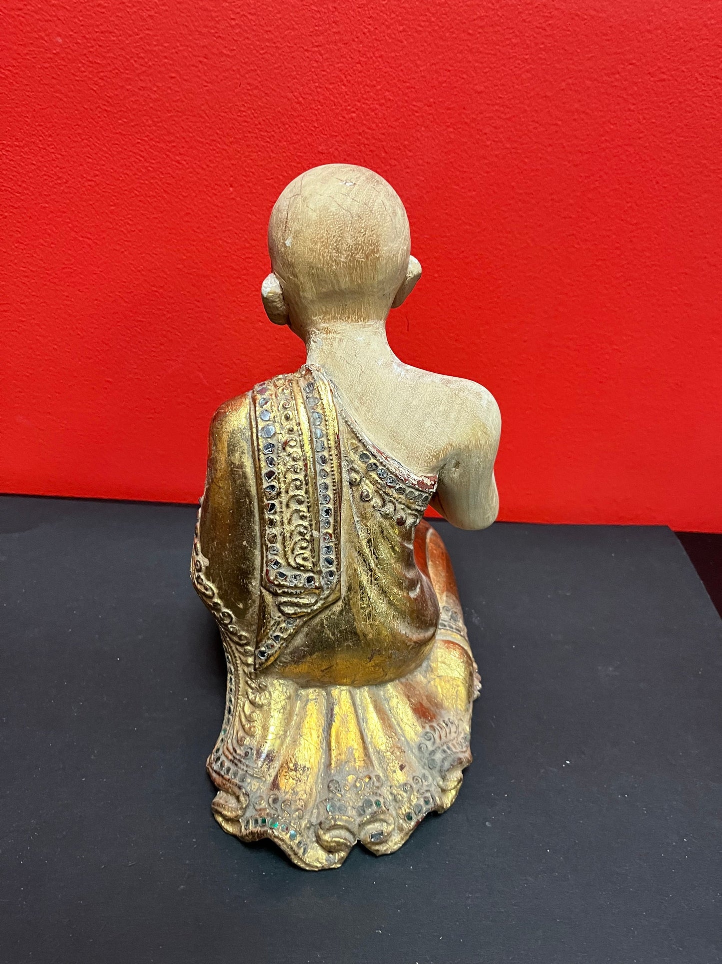 10 inch vintage Southeast Asian polychrome gilded statue of a monk / Buddha praying
