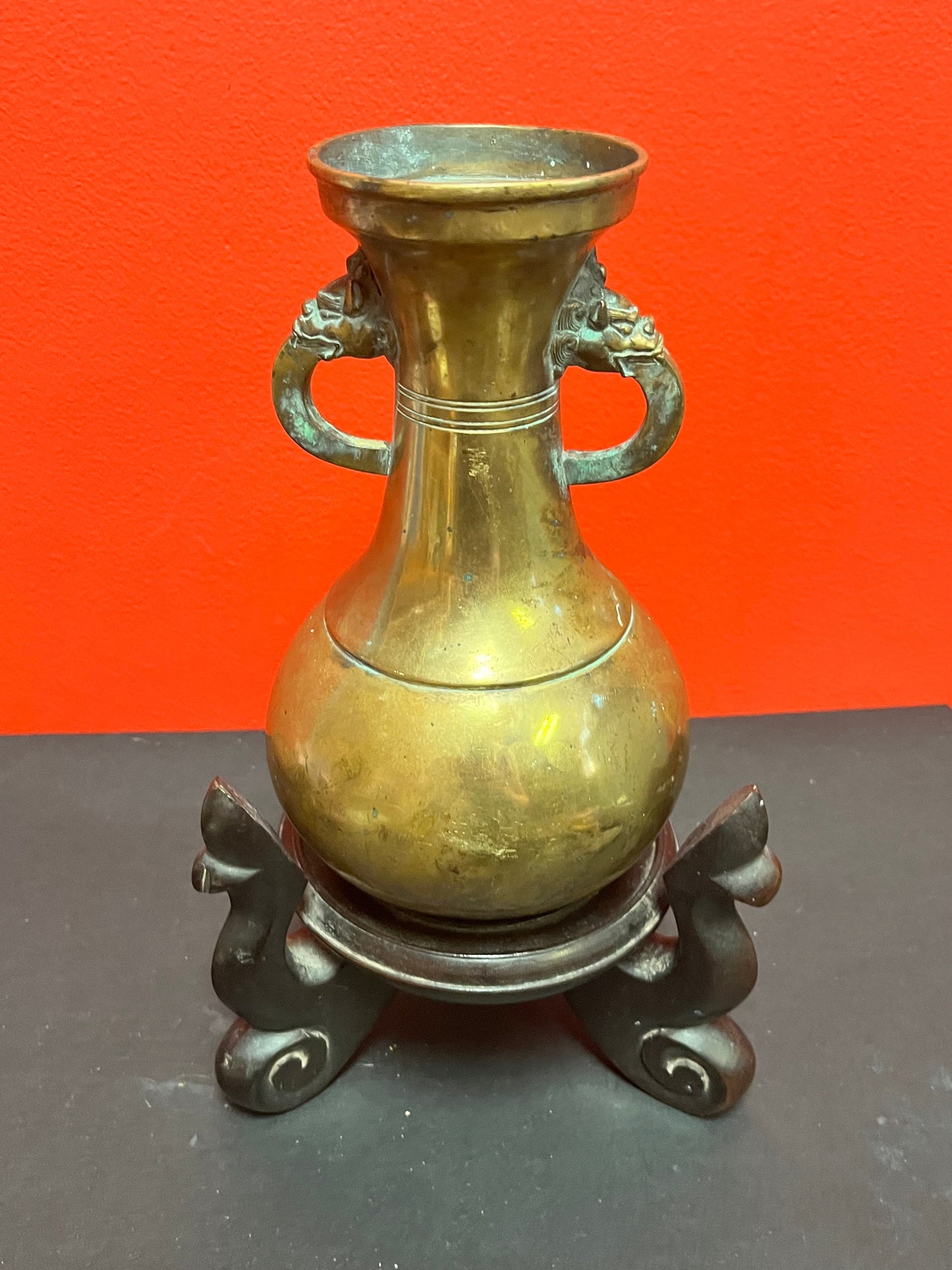 Spectacular antique Tibetan 18th century bronze vase on original wood stand  vase 8 inches high and stand 5 inches high- wow