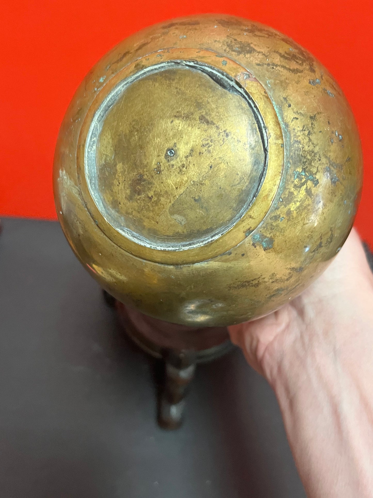 Spectacular antique Tibetan 18th century bronze vase on original wood stand  vase 8 inches high and stand 5 inches high- wow