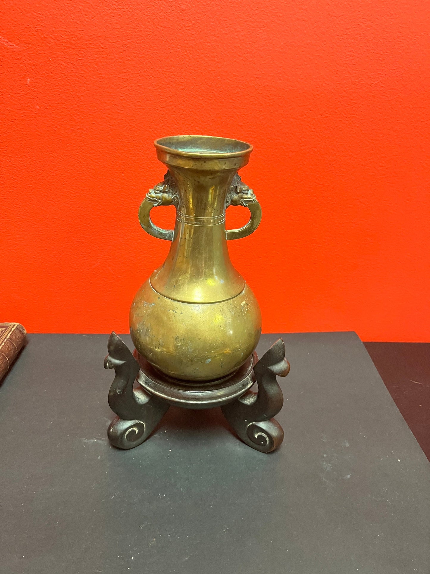 Spectacular antique Tibetan 18th century bronze vase on original wood stand  vase 8 inches high and stand 5 inches high- wow
