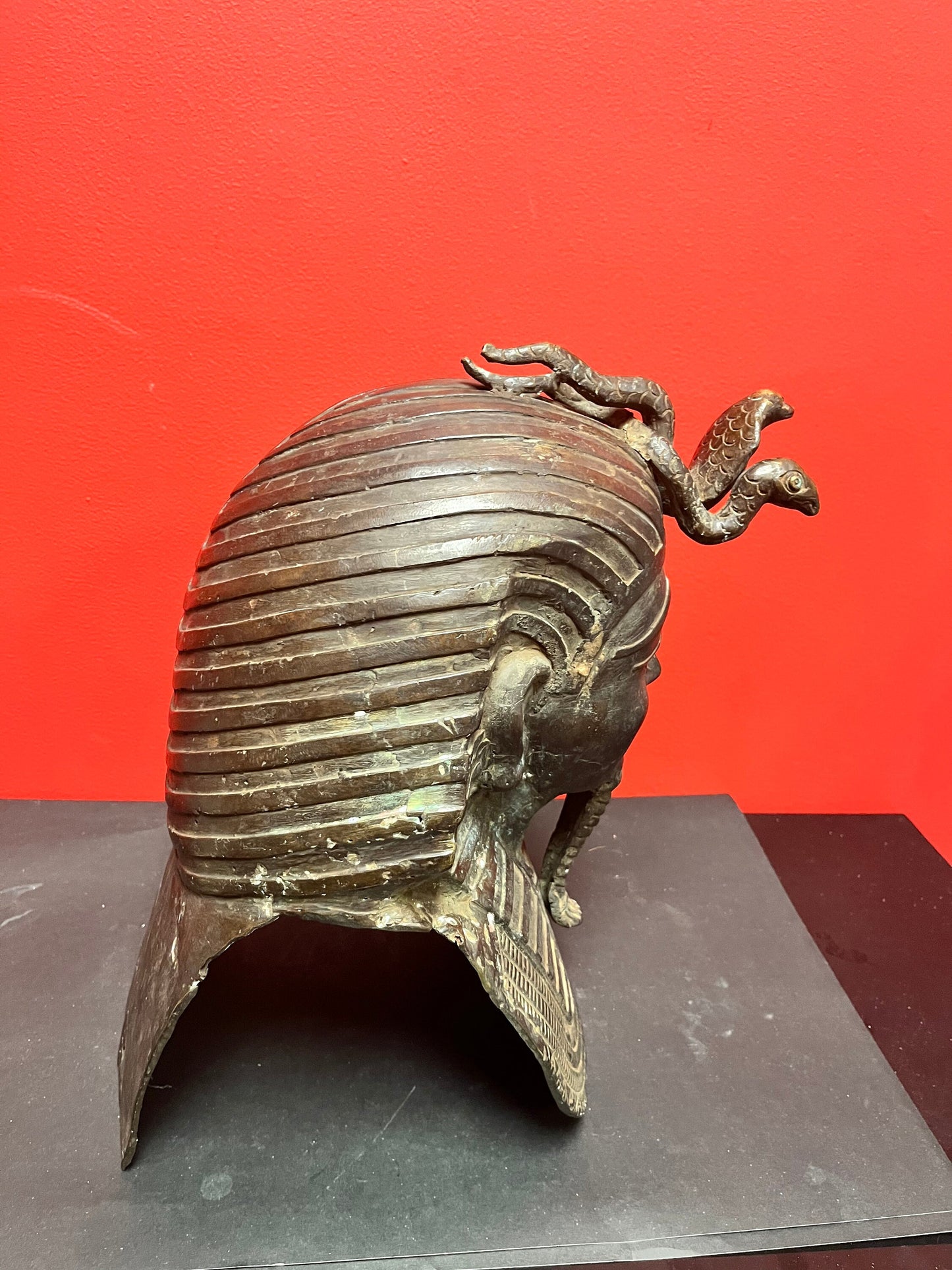 Massive early  19 century or earlier bronze 14 x 10 inch wide Egyptian helmet in the form of a Spinx with snakes coming out of the temple