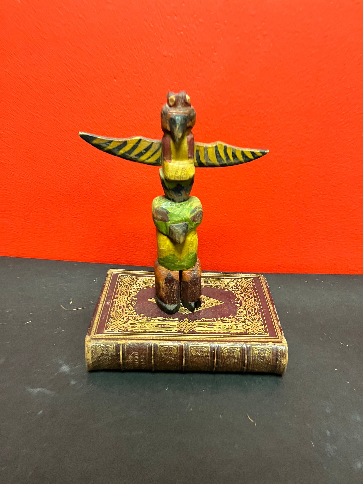 Fabulous antique 7 1/2 x 6 wide indigenous first nations pacific northwest coast polychrome totem  super old and rare  signed
