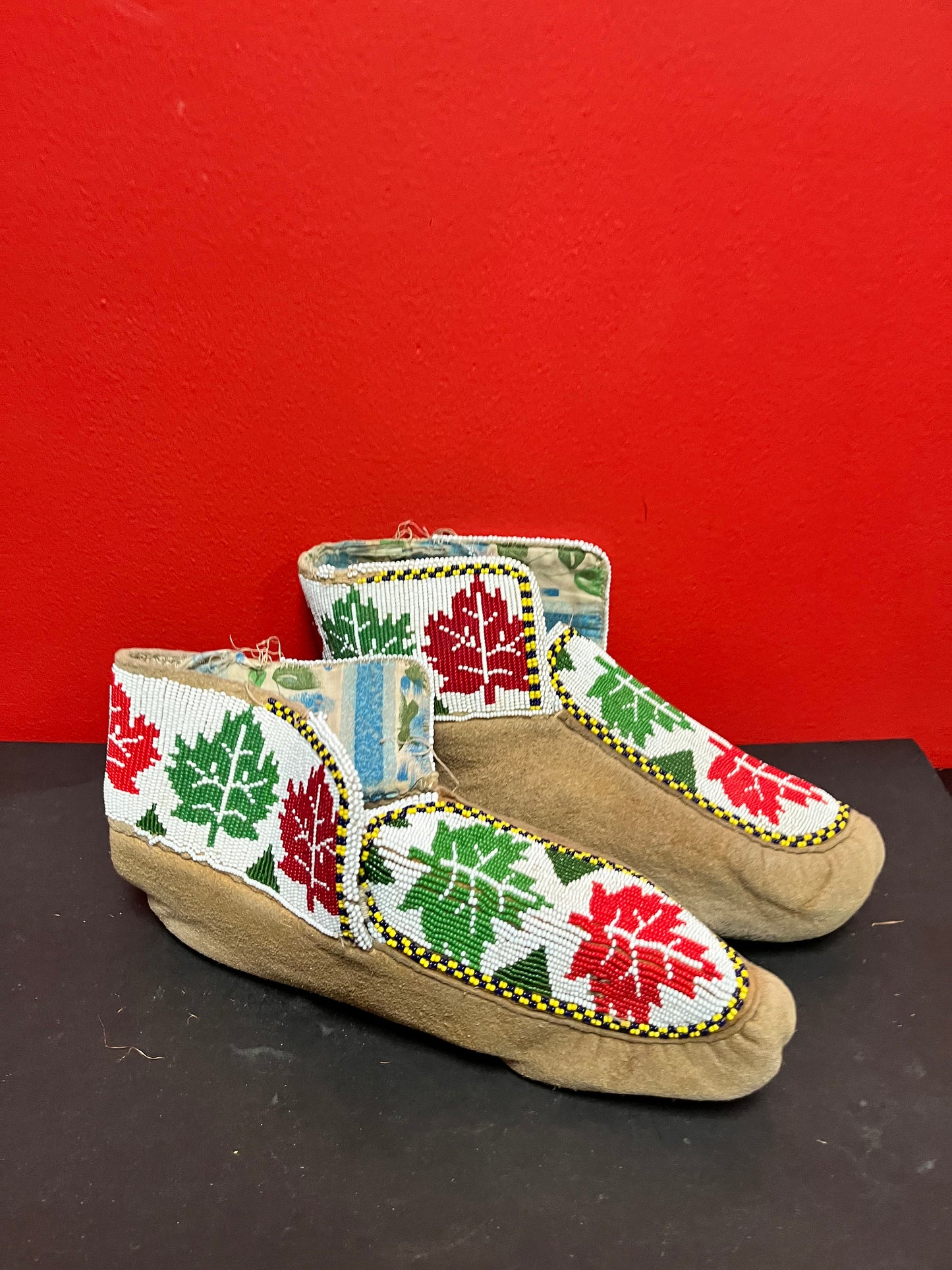 11 x 4 x 6 high fabulous antique indigenous, first Nations, Pacific Northwest coast, leather and heavily beaded moccasins some as is
