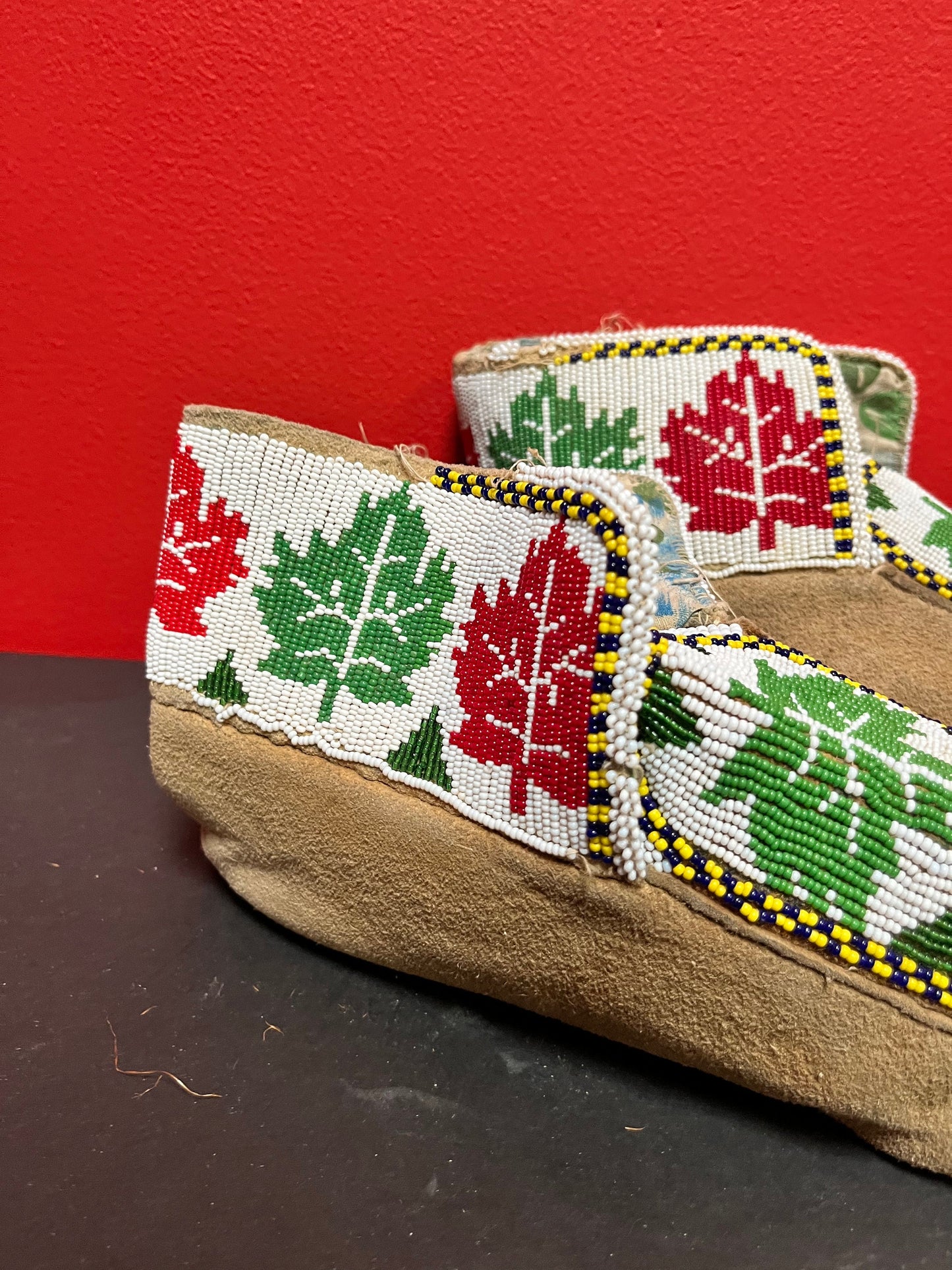 11 x 4 x 6 high fabulous antique indigenous, first Nations, Pacific Northwest coast, leather and heavily beaded moccasins some as is
