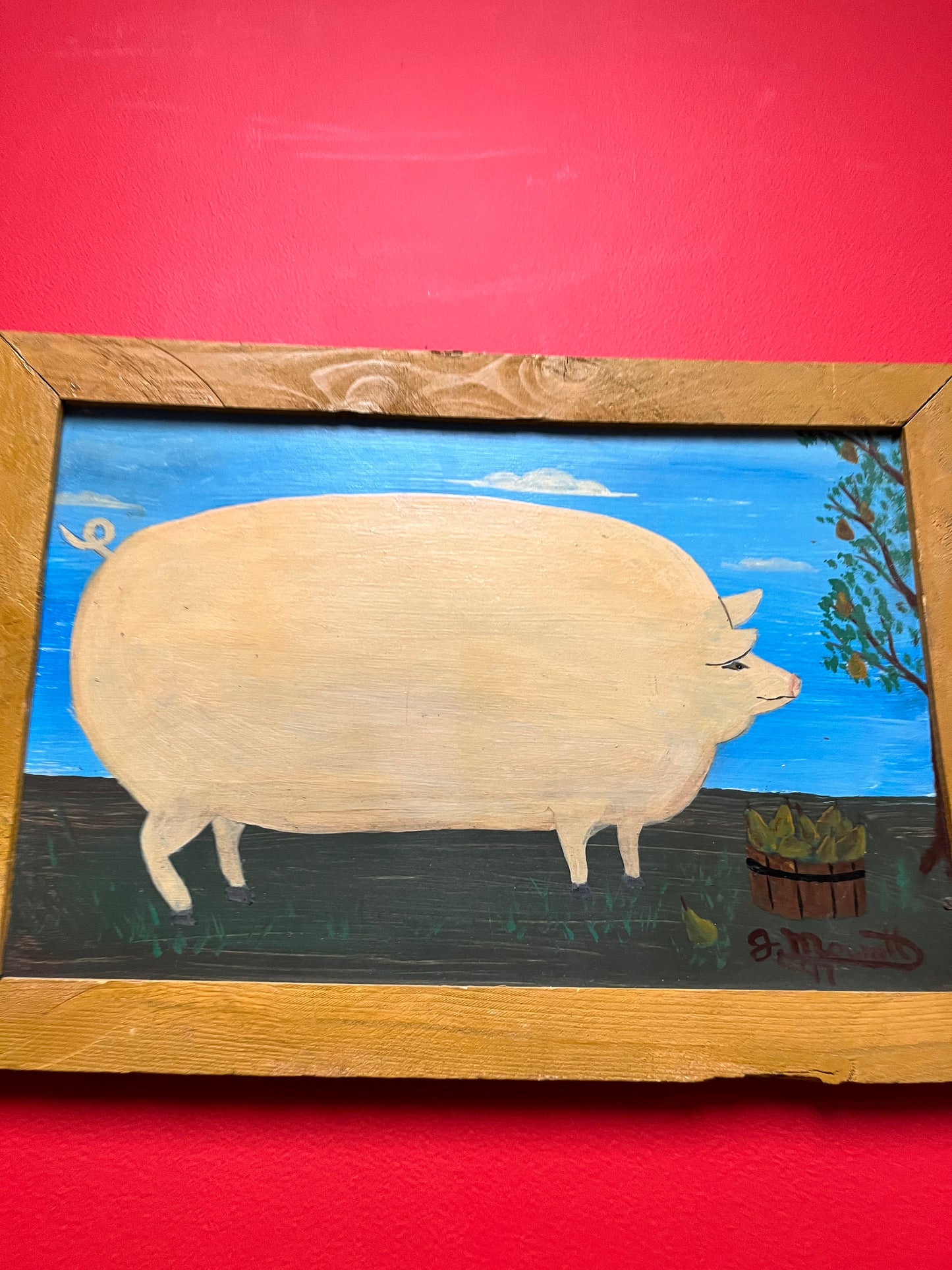 20 x 14 high late 20th century West Coast Canadian signed folk art piggy painting on board  farm cool