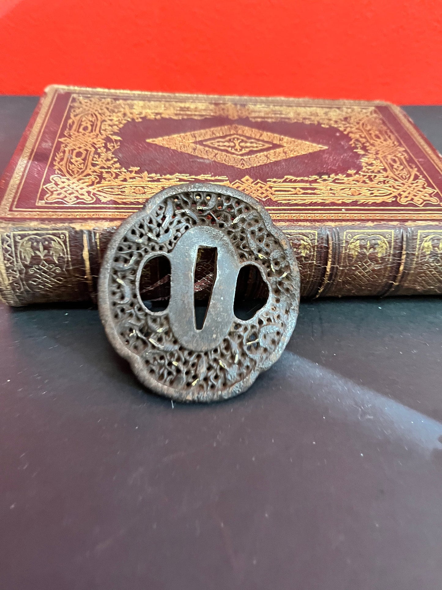 Tsuba  stunning 2.5 inch Japanese ancient well detailed iron Katana tsuba  really fabulous