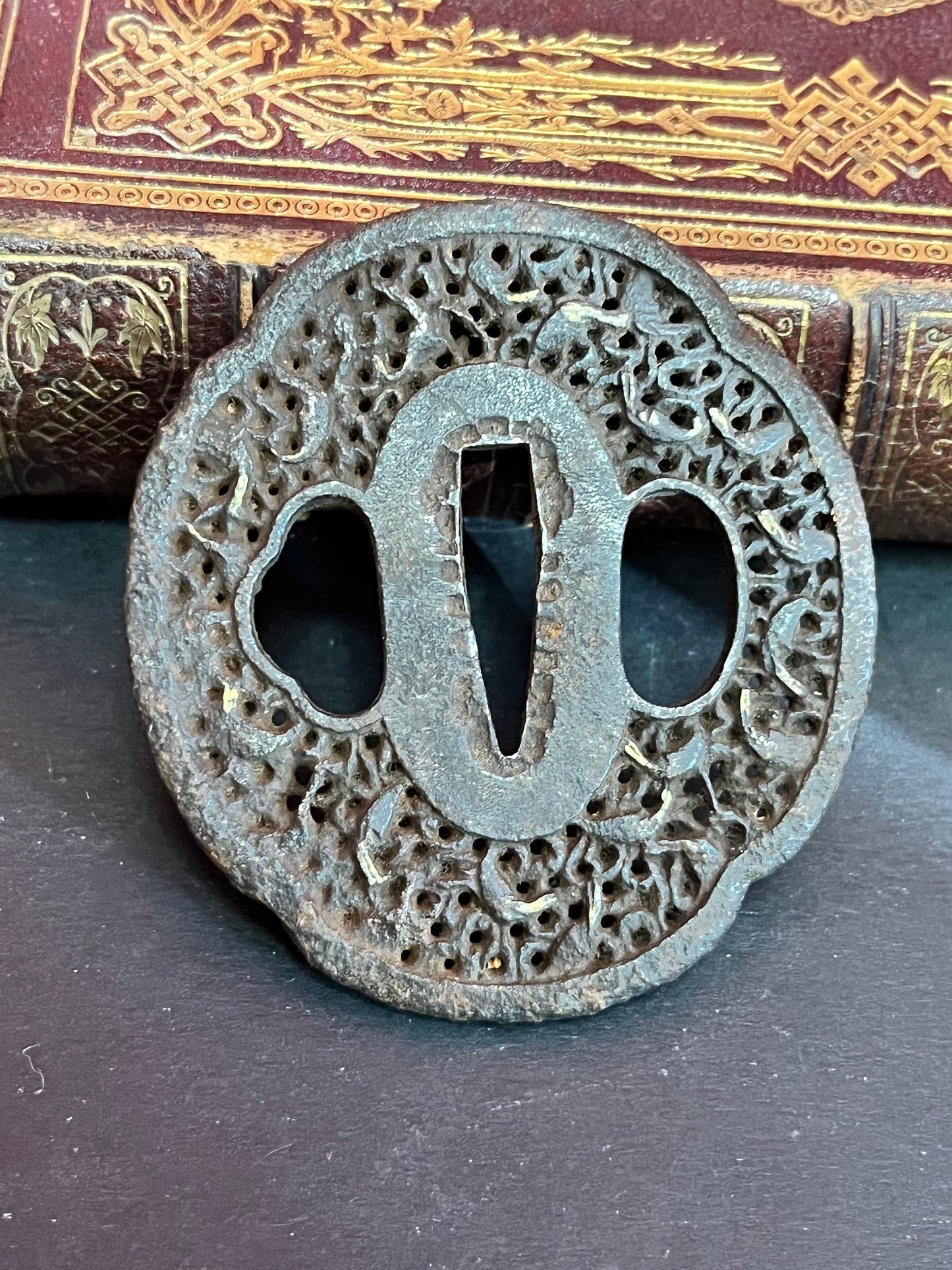 Tsuba  stunning 2.5 inch Japanese ancient well detailed iron Katana tsuba  really fabulous