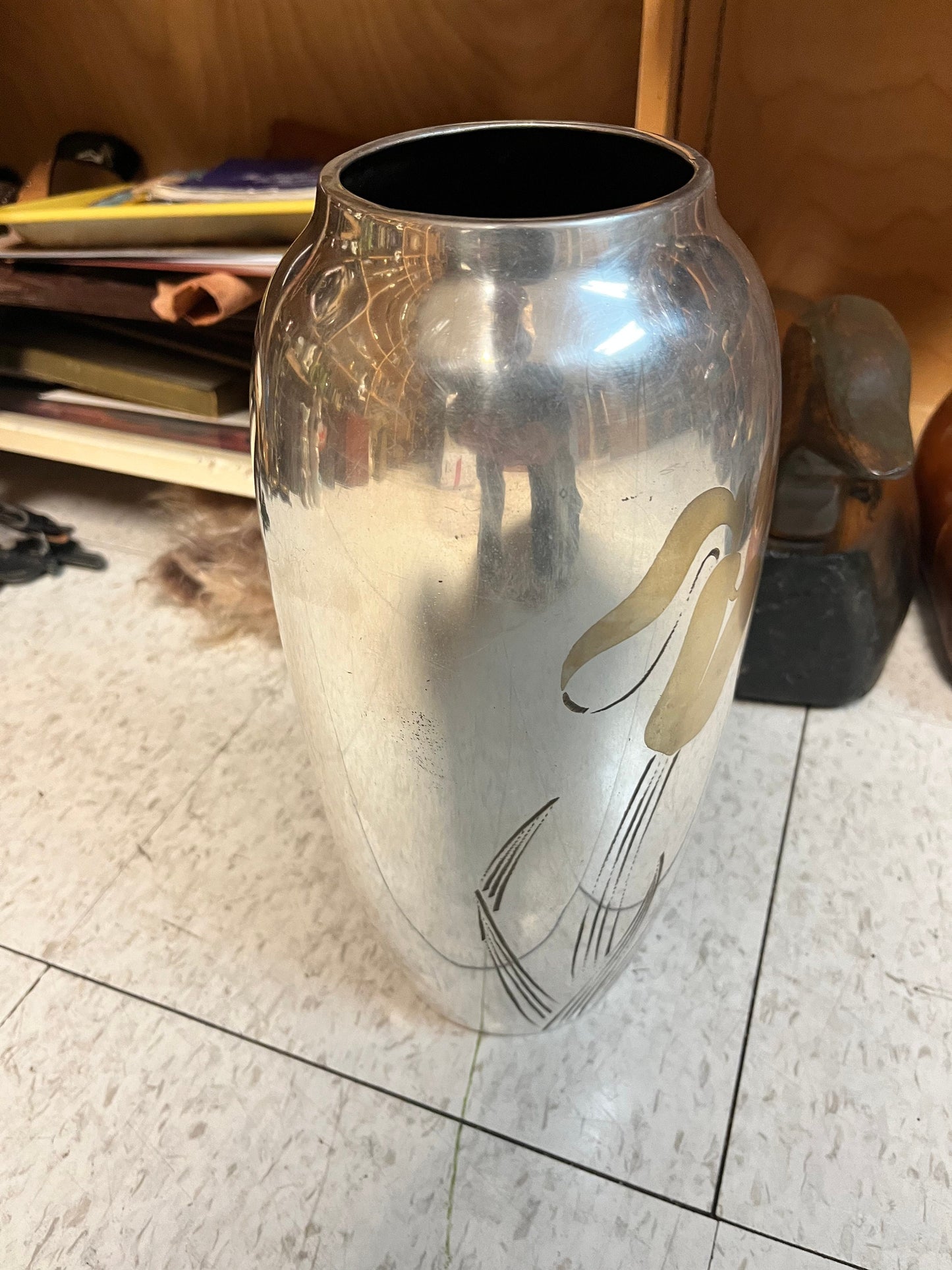 Fabulous 13 inch tall brass and silver plate WMF Ikora Iris vase  one dent