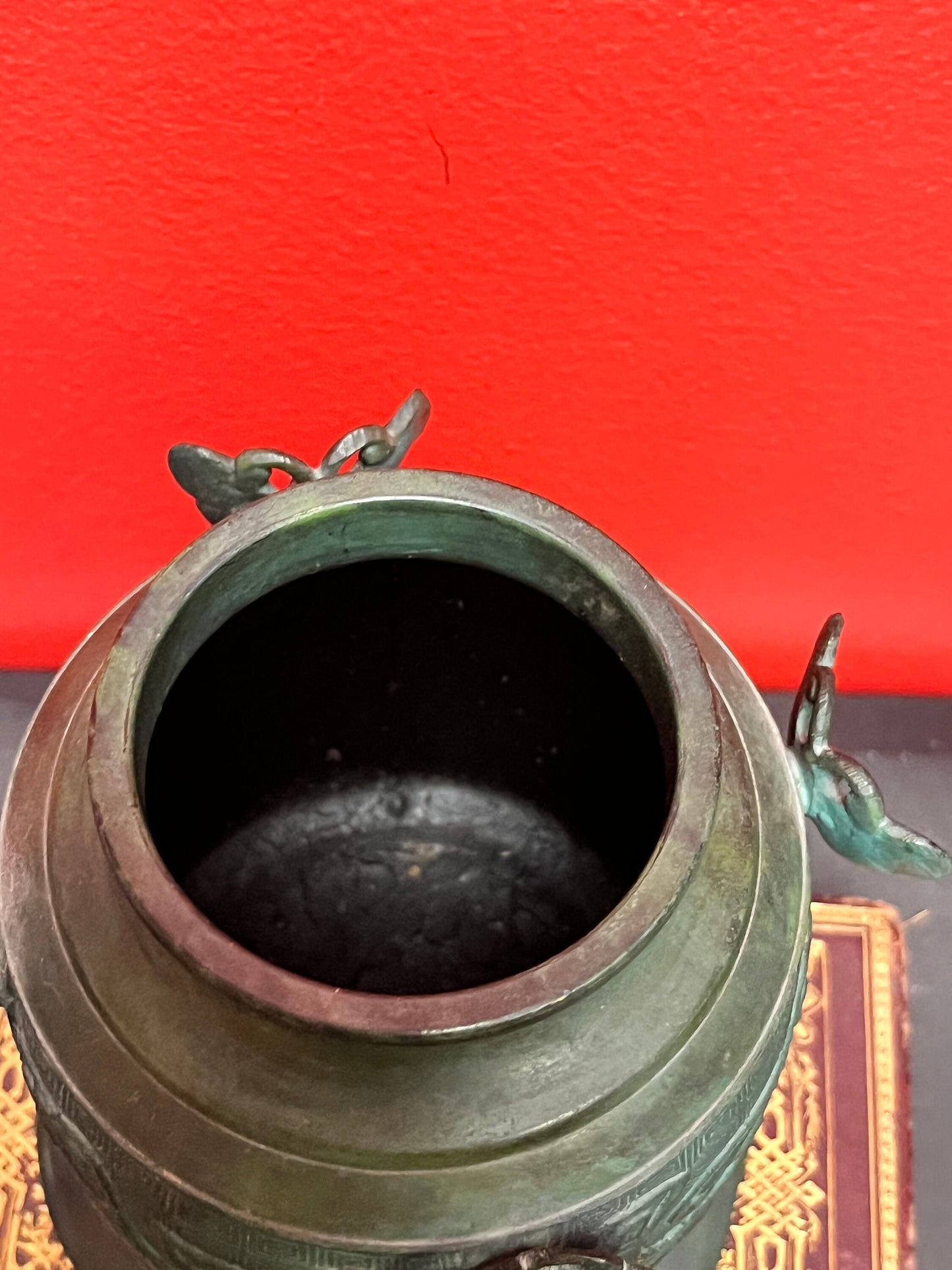 6 inch high Chinese bronze heavy butterfly decorated vase  wonderful quality and  Patina