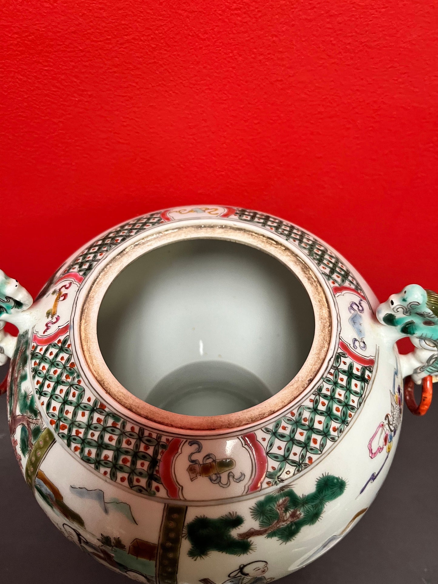 Gorgeous 15 by 12 inch Chinese older hand decorated covered vessel  magnificent shape and size  wow