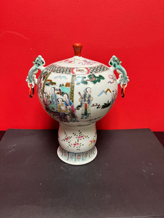 Gorgeous 15 by 12 inch Chinese older hand decorated covered vessel  magnificent shape and size  wow
