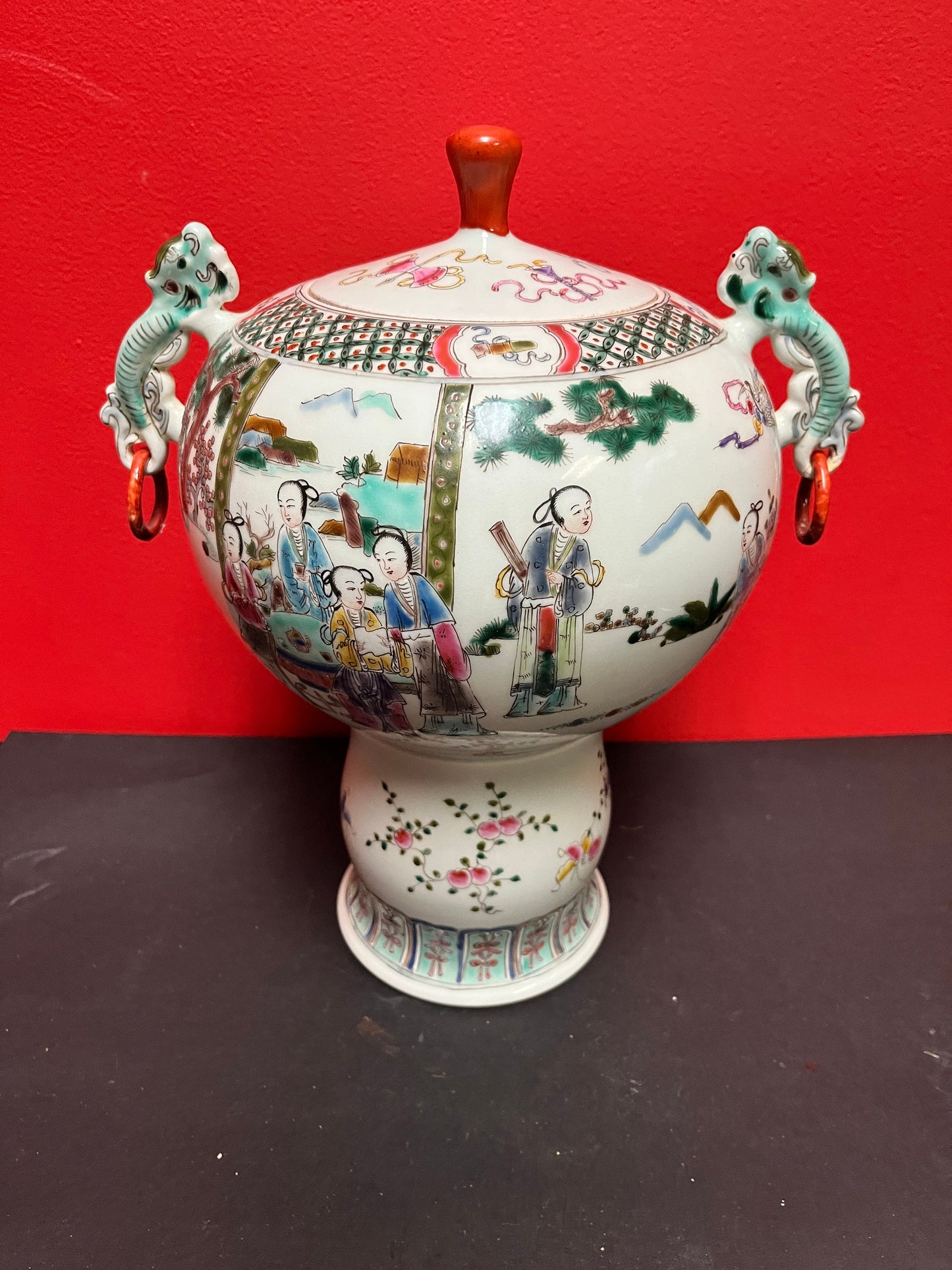 Gorgeous 15 by 12 inch Chinese older hand decorated covered vessel  magnificent shape and size  wow
