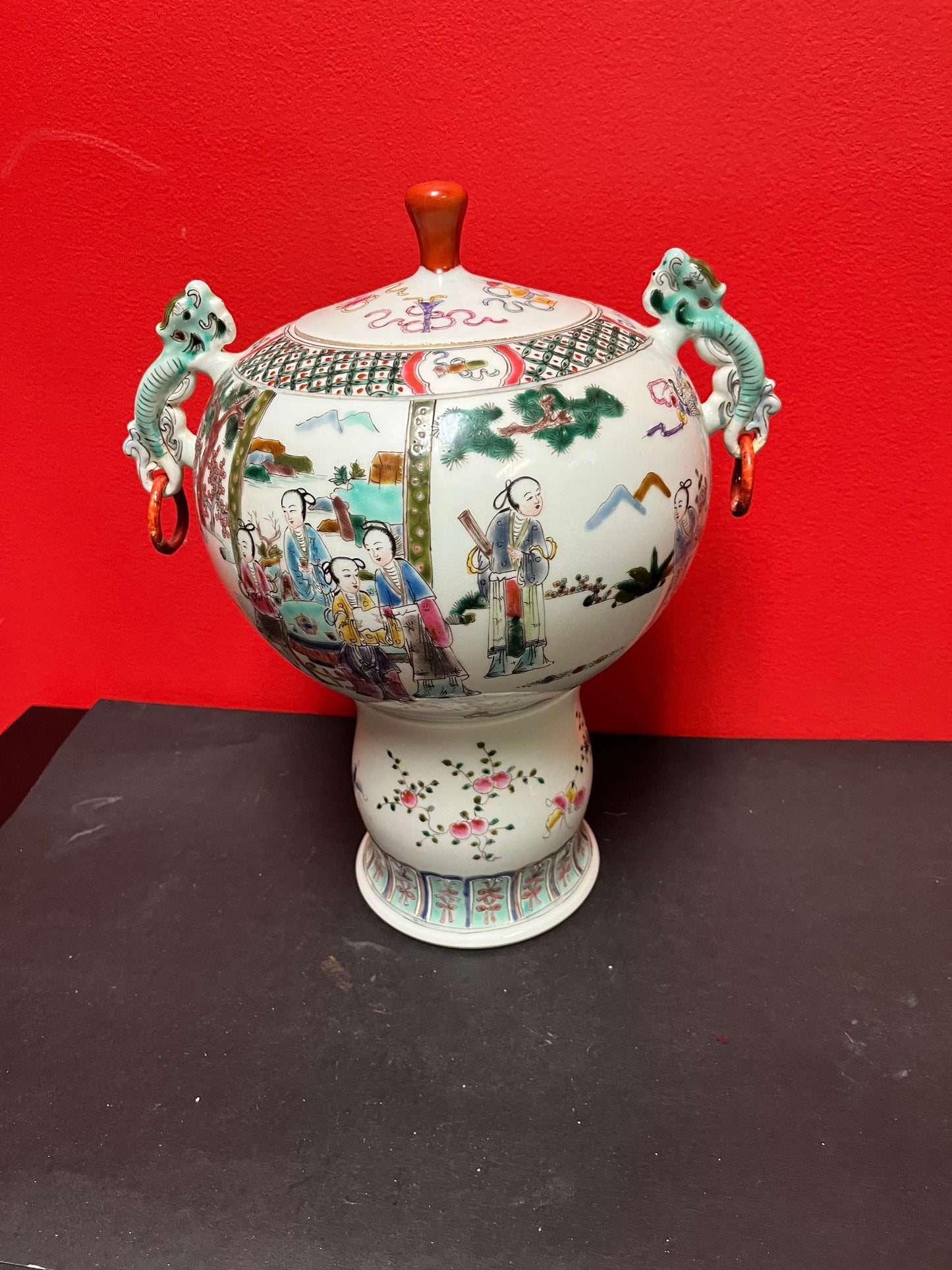 Gorgeous 15 by 12 inch Chinese older hand decorated covered vessel  magnificent shape and size  wow