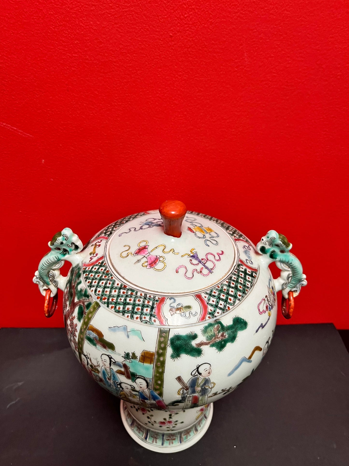 Gorgeous 15 by 12 inch Chinese older hand decorated covered vessel  magnificent shape and size  wow