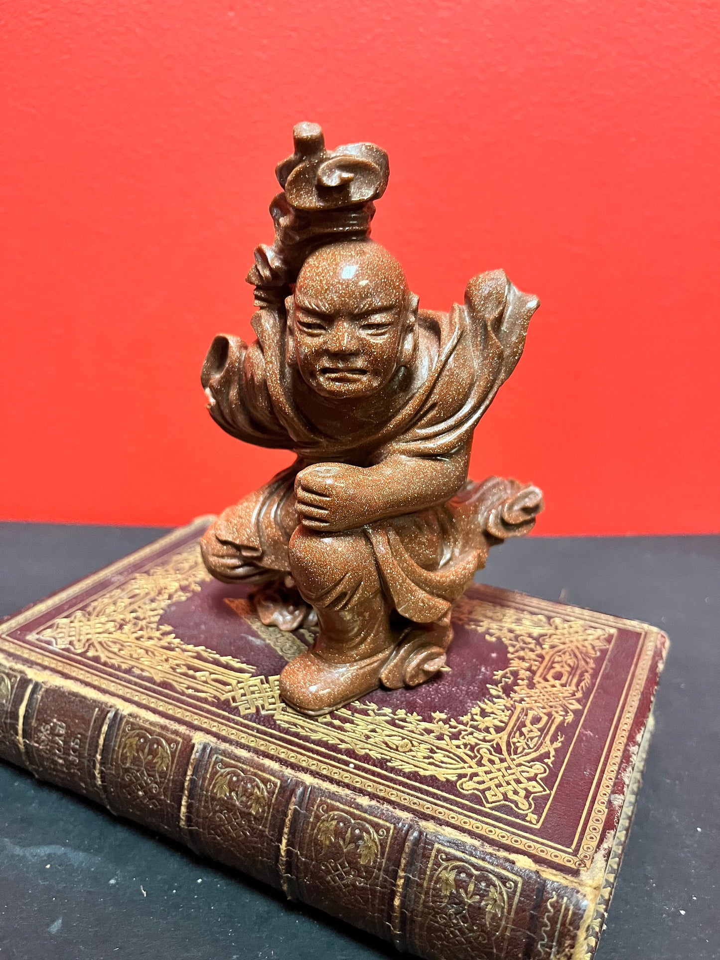 A  Stunning 5 inch high Chinese, carved Italian moonstone statue of a fighting warrior with great detail  rare and wonderful colour