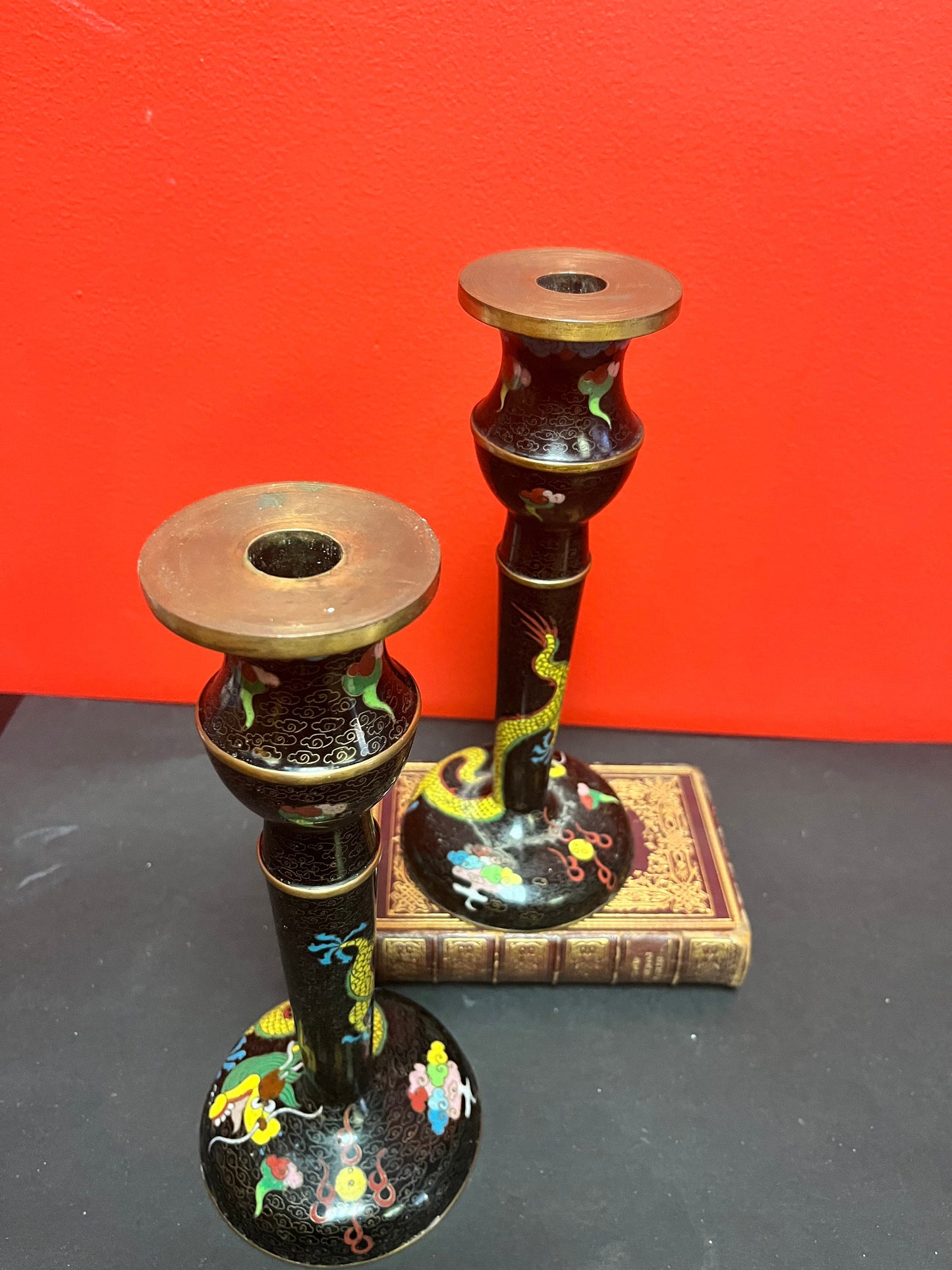 An  11 inch Japanese cloisonné candle sticks with dragons  one as is - low price