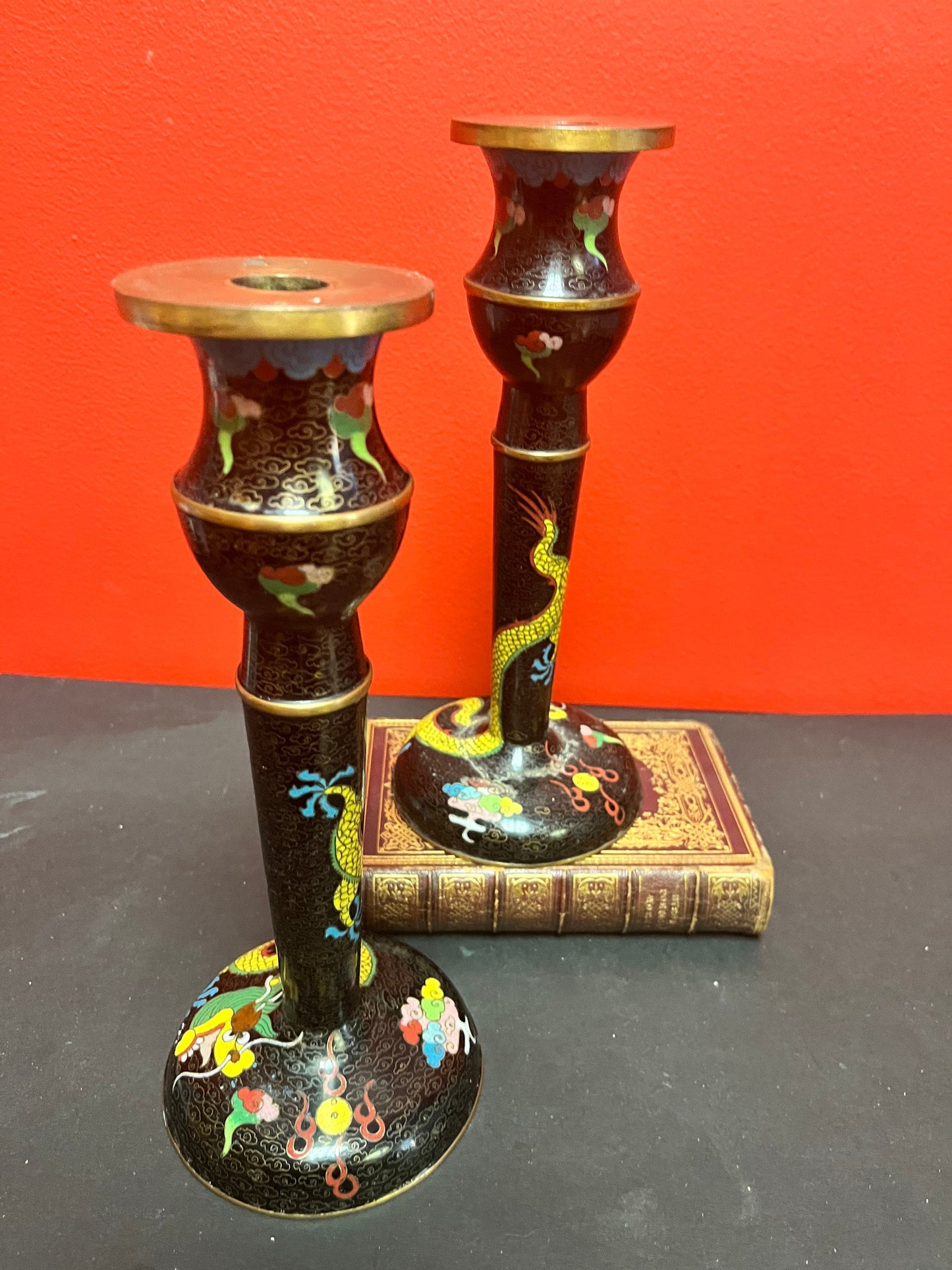 An  11 inch Japanese cloisonné candle sticks with dragons  one as is - low price