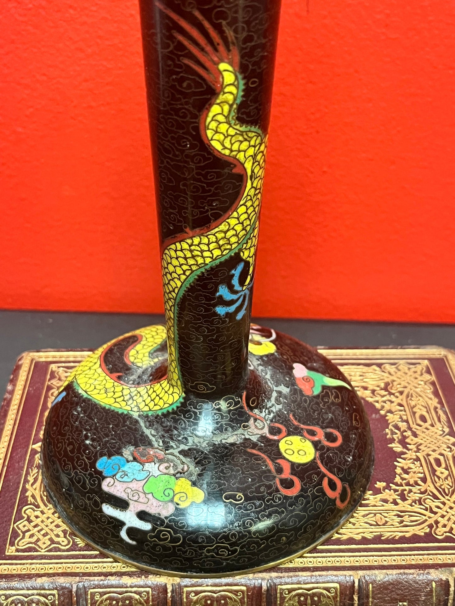 An  11 inch Japanese cloisonné candle sticks with dragons  one as is - low price