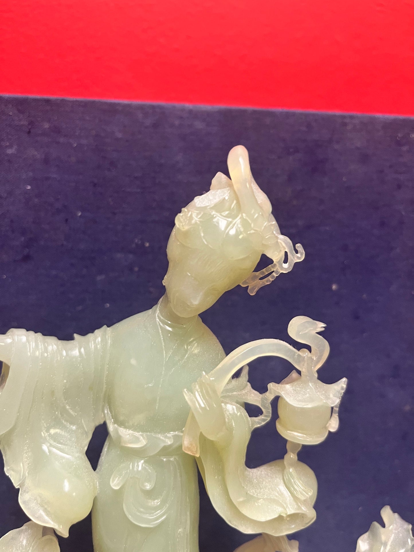 Fabulous vintage Jade Chinese 7 inch statue of guan Lin on stand in original box  one chip  low price