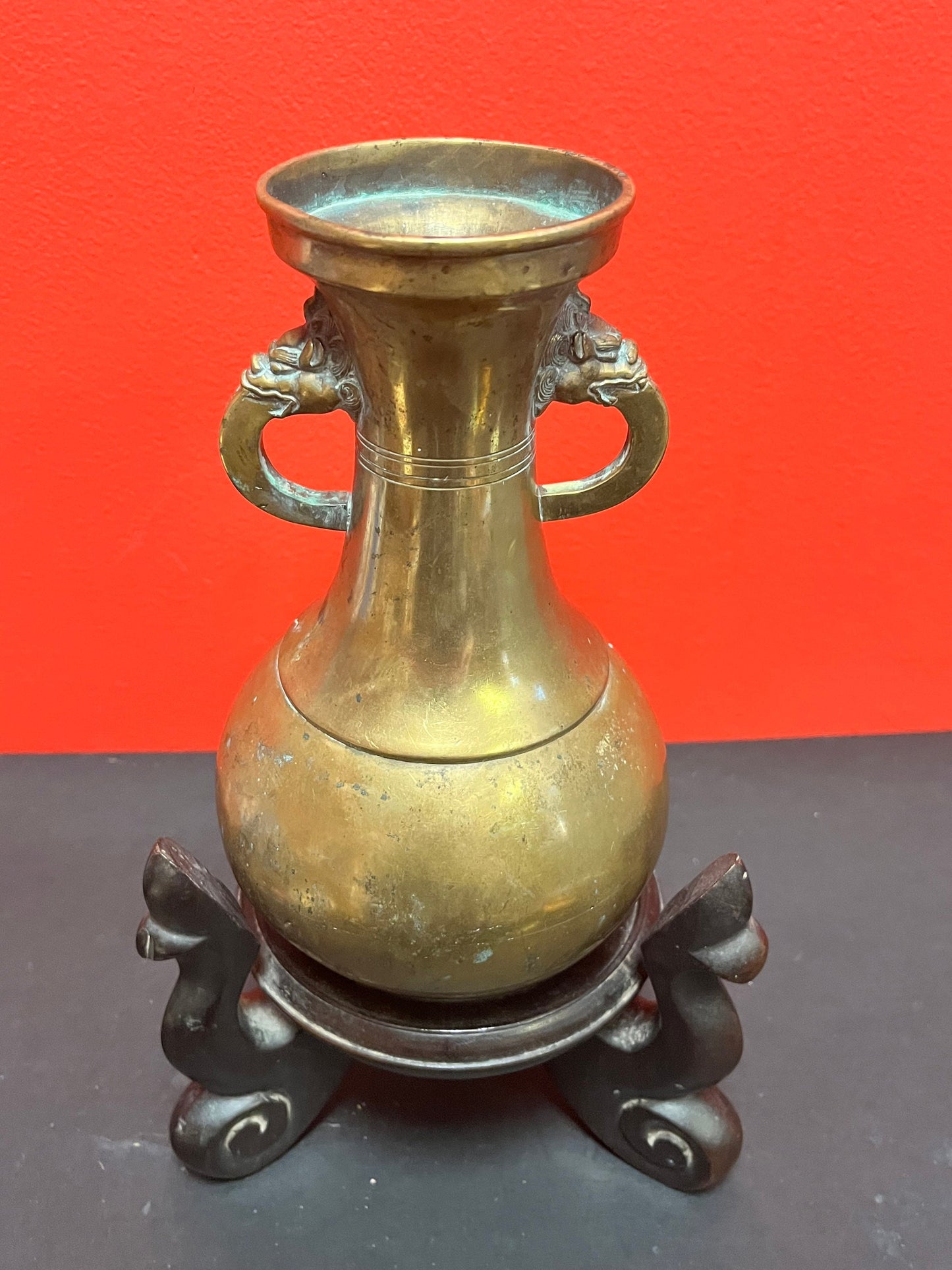 Spectacular antique Tibetan 18th century bronze vase on original wood stand  vase 8 inches high and stand 5 inches high- wow