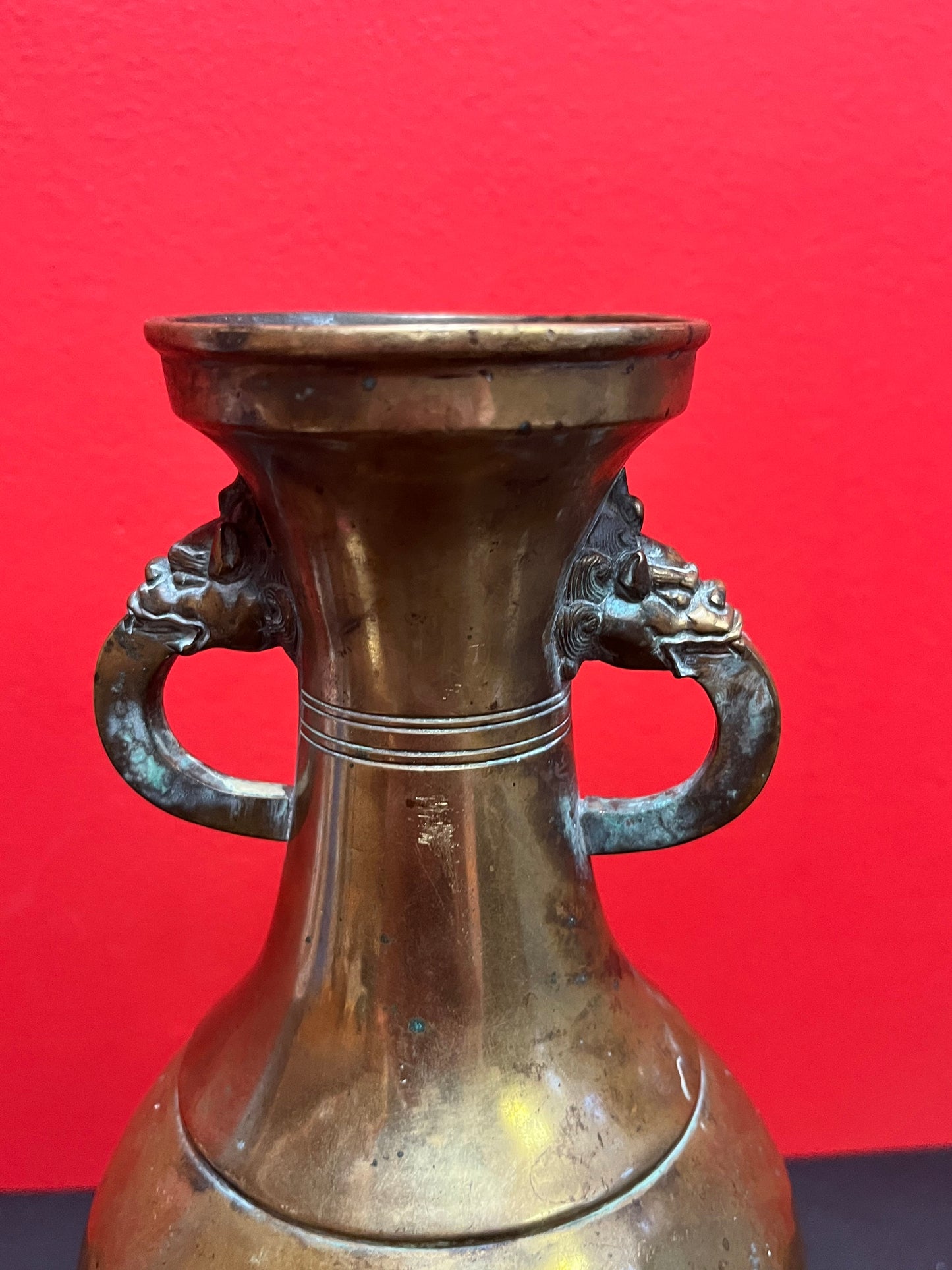 Spectacular antique Tibetan 18th century bronze vase on original wood stand  vase 8 inches high and stand 5 inches high- wow