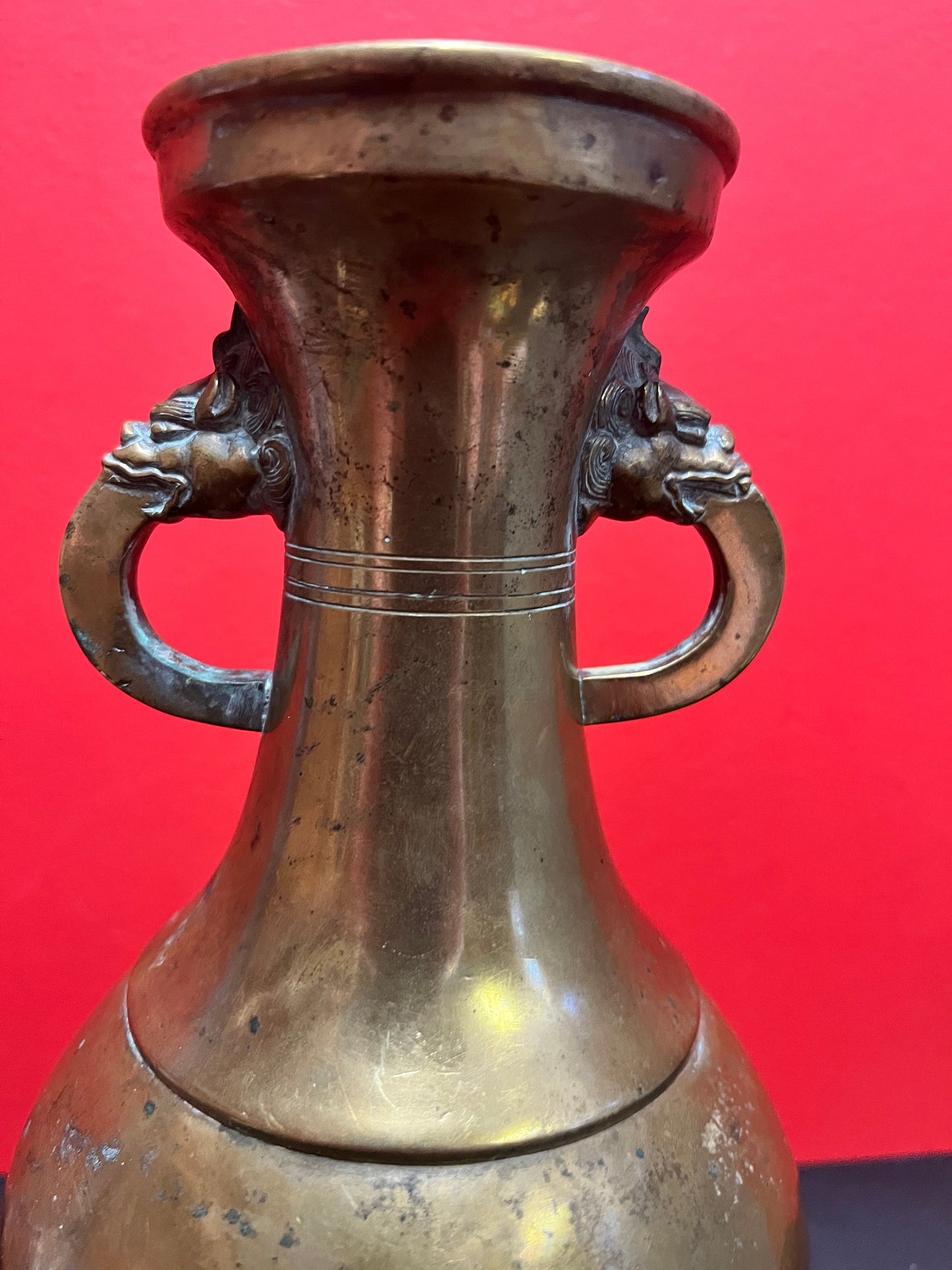 Spectacular antique Tibetan 18th century bronze vase on original wood stand  vase 8 inches high and stand 5 inches high- wow