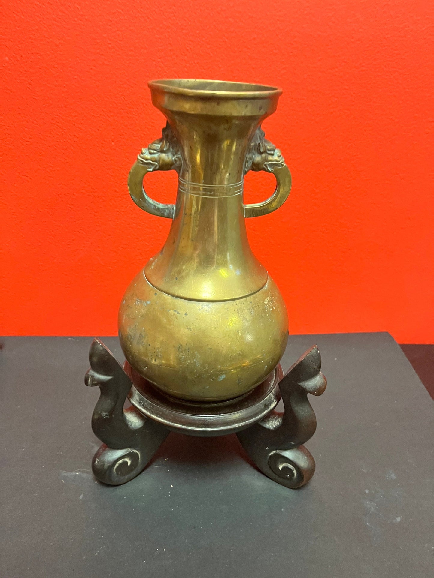 Spectacular antique Tibetan 18th century bronze vase on original wood stand  vase 8 inches high and stand 5 inches high- wow