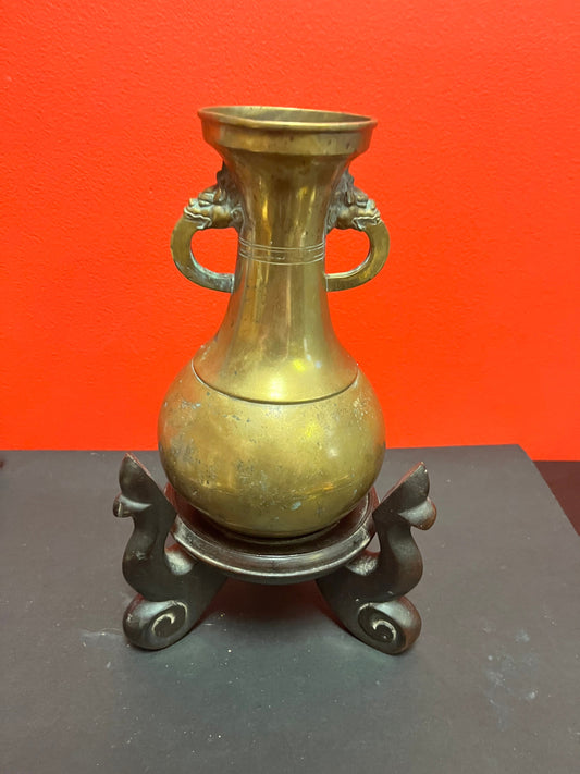 Spectacular antique Tibetan 18th century bronze vase on original wood stand  vase 8 inches high and stand 5 inches high- wow