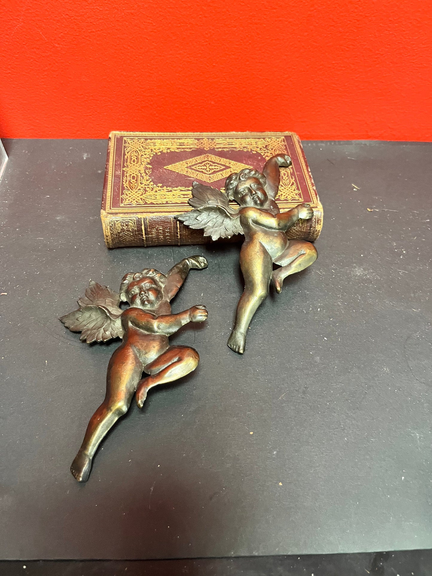 Pair 7 inch tall bronze cherub plaques   Great Patina  multi purpose