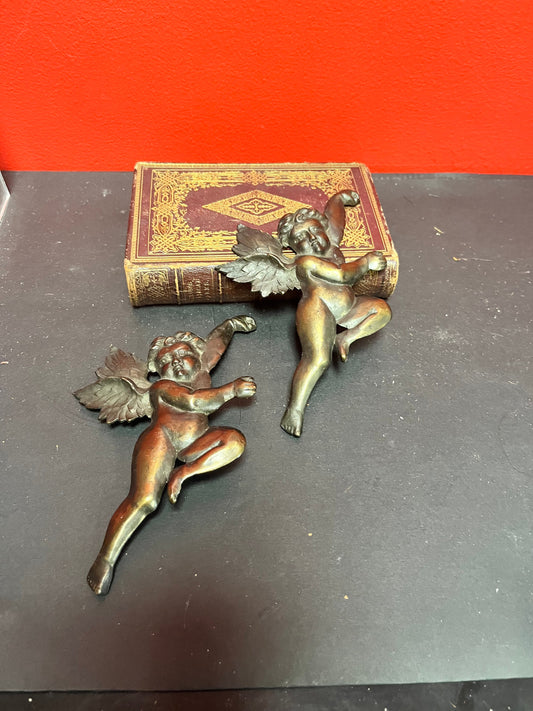 Pair 7 inch tall bronze cherub plaques   Great Patina  multi purpose