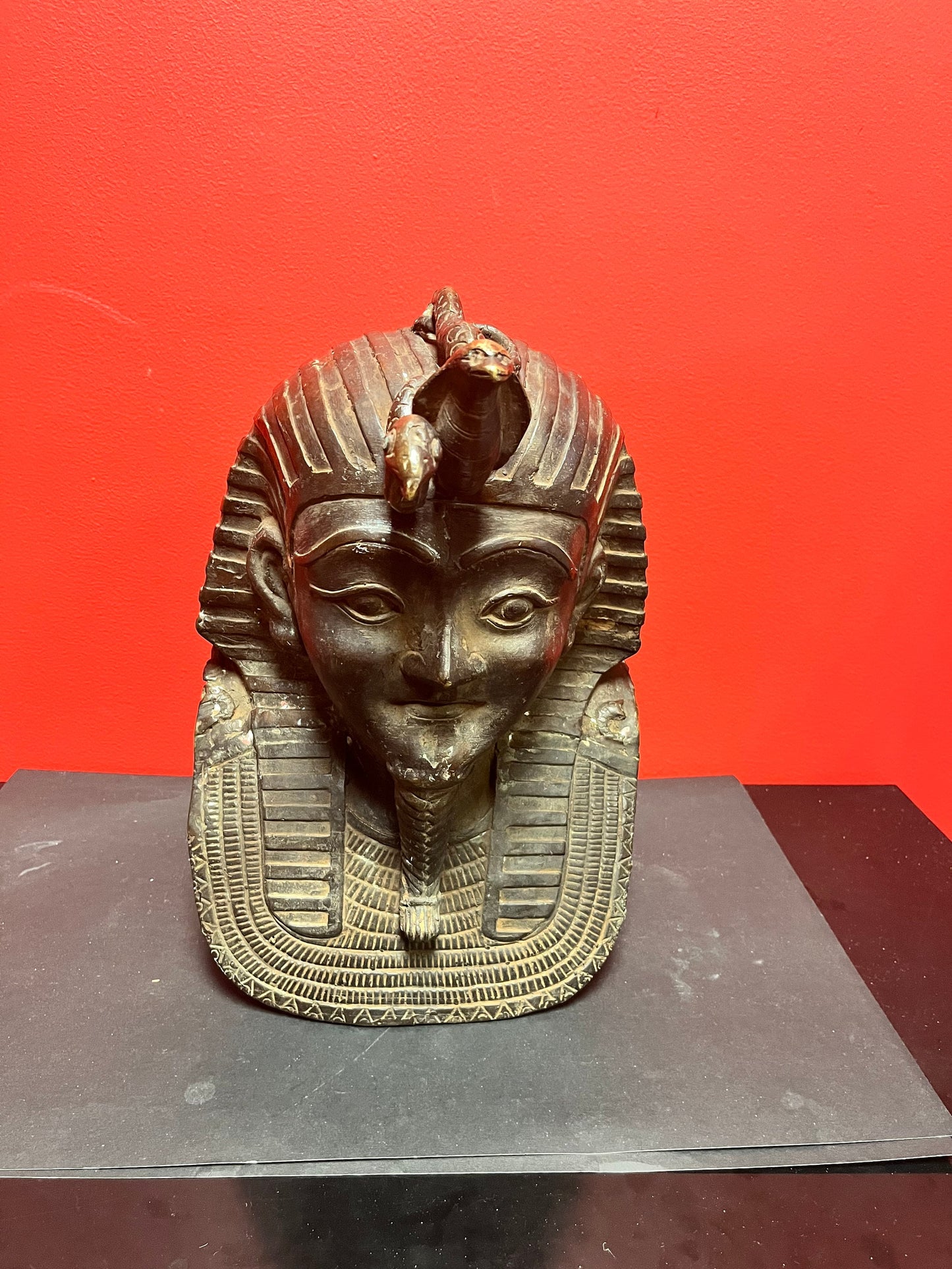 Massive early  19 century or earlier bronze 14 x 10 inch wide Egyptian helmet in the form of a Spinx with snakes coming out of the temple